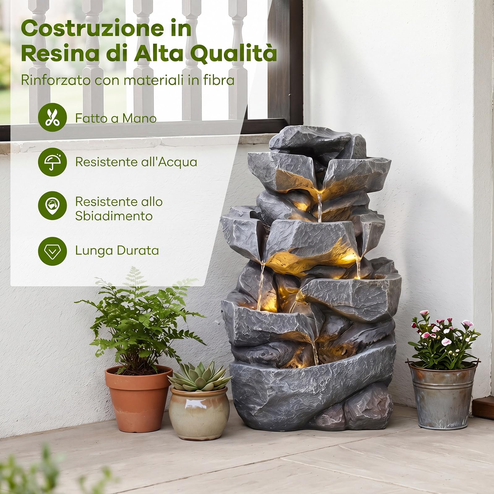 COSTWAY Fontana da Giardino a 5 Livelli, Fontana Cascata da Esterno con Luci e Flusso d'Acqua Regolabile, Fontanella Elettrica a Forma di Roccia con Effetto di Pietra da Terrazza e Balcone