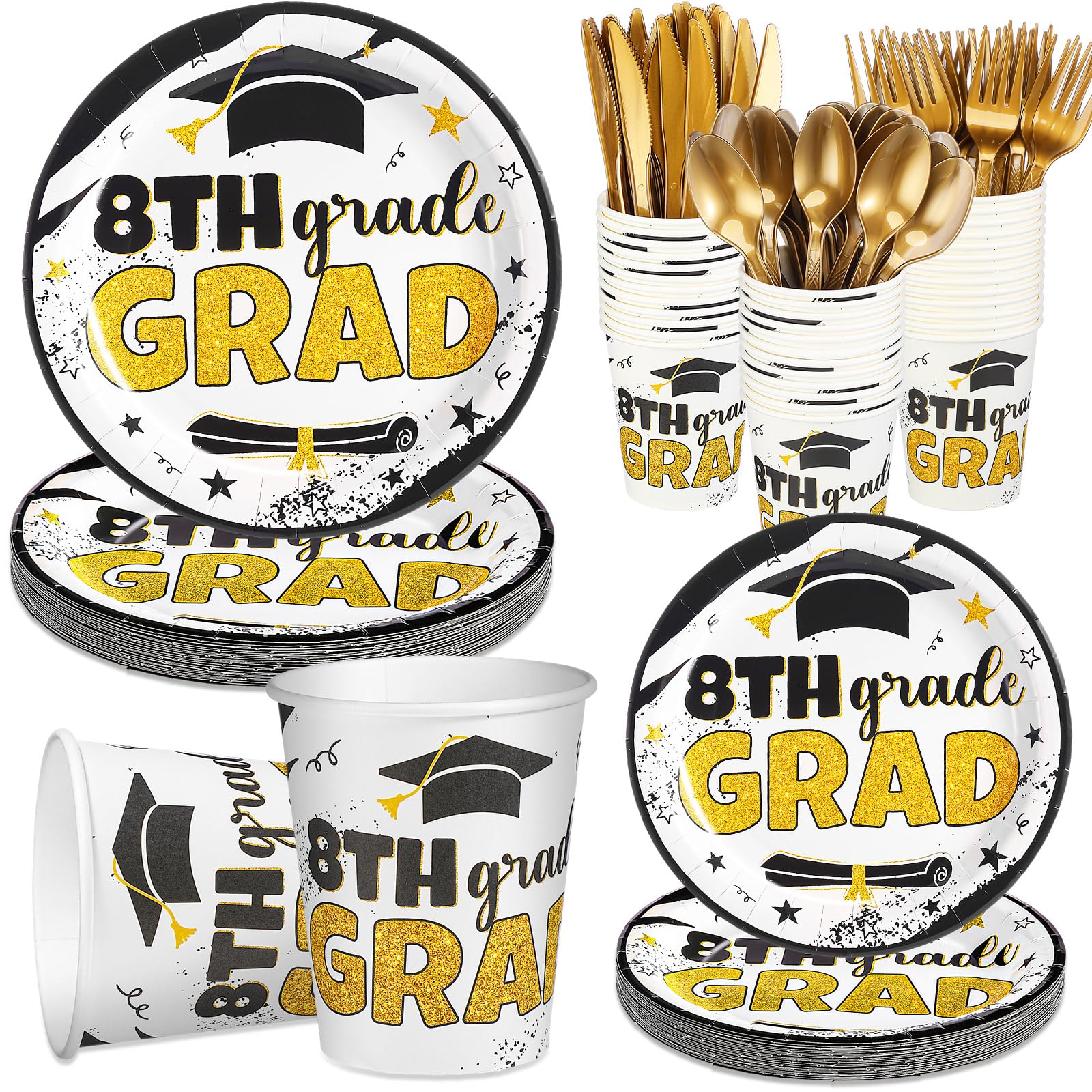 Jingmore 25 Set 8th Grade Graduation Party Decorations Set 7/9 Inch Paper Plates Cup Knife Fork Spoon Grad Disposable Tableware Set for Eighth Grade