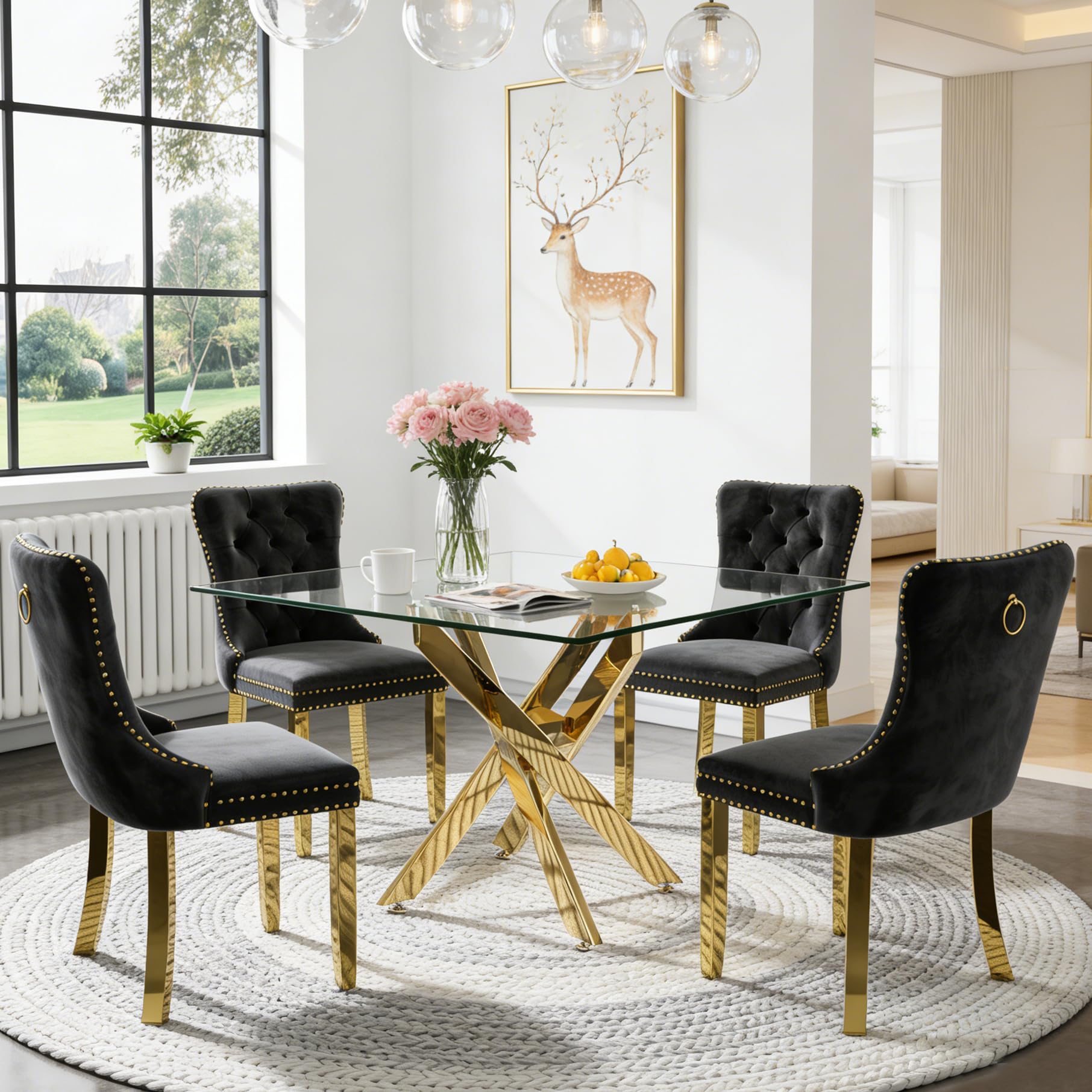 Goujxcy Glass Dining Table Set for 4, Modern Kitchen Table and Chairs Set of 4, 5-Piece Kitchen Dining Room Table Set w/36 Square Gold Glass Dining