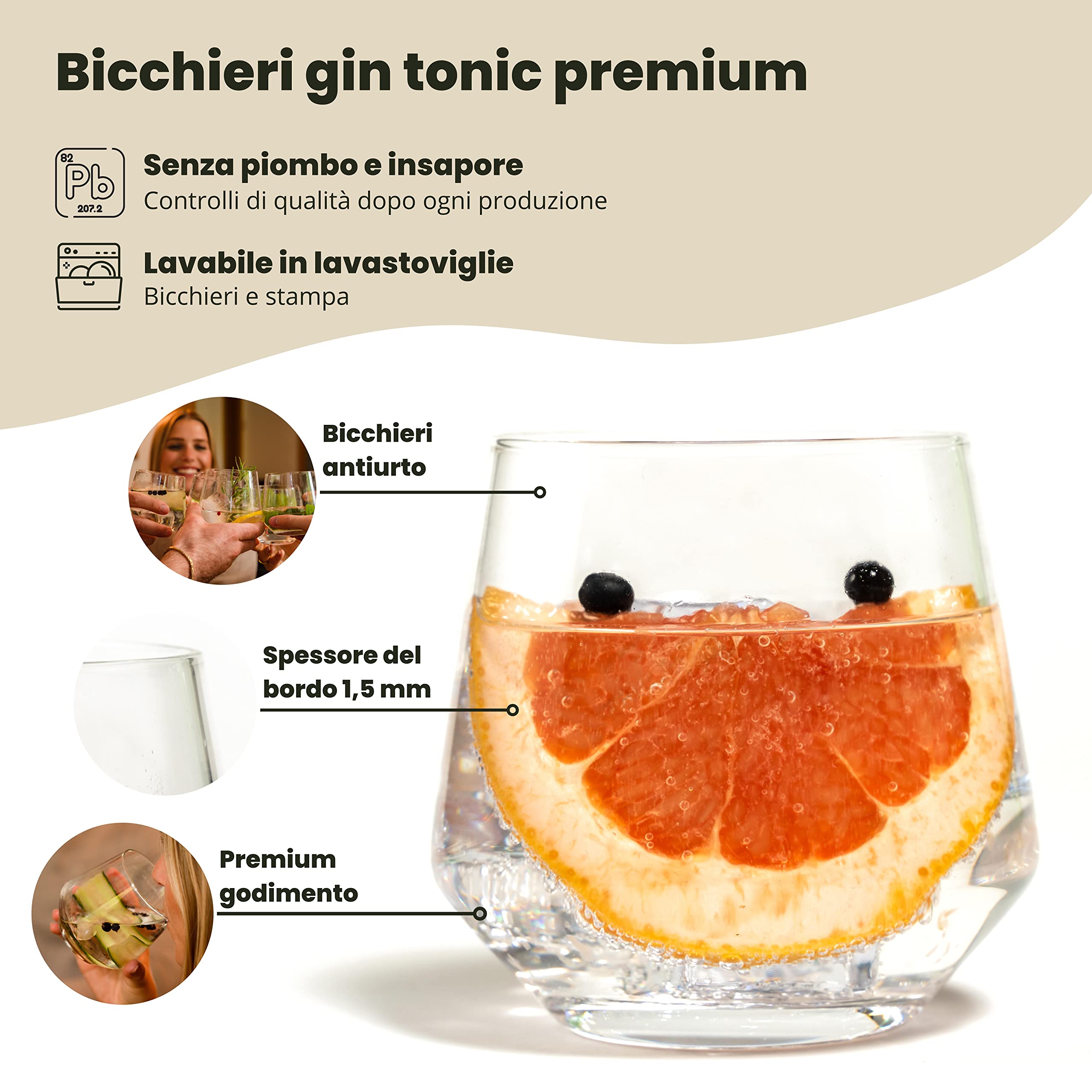 Bicchieri da gin tonic - Set regalo da 4 | 400 ml | Set di bicchieri per Gin Tonic | In scatola regalo con ricette per cocktail | Per cubetti di ghiaccio grandi | Regal per uomini e donne