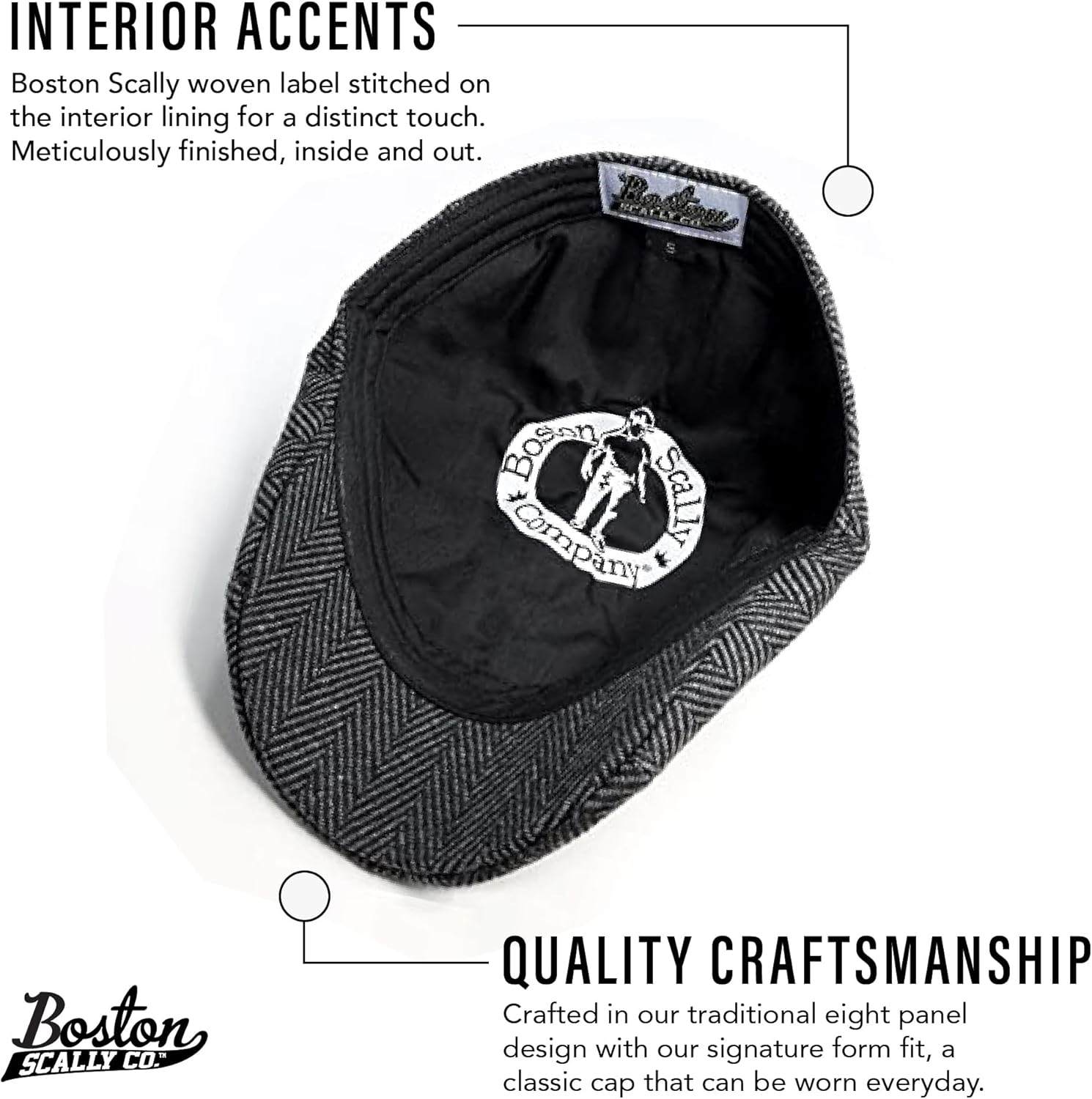 The Original Boston Scally Cap - The Peaky Newsboy Flat Cap - 8 Panel Hat for Men - Grey Herringbone - Image 3