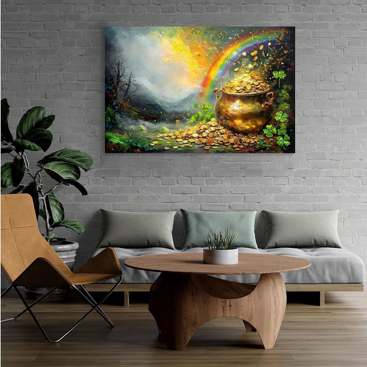 AIHNBF Topf voll Gold Regenbogen Leinwandbild - Glücksklee Schatz Landschafts-Druck für Wohnzimmer Deko, 30 x 45 cm
