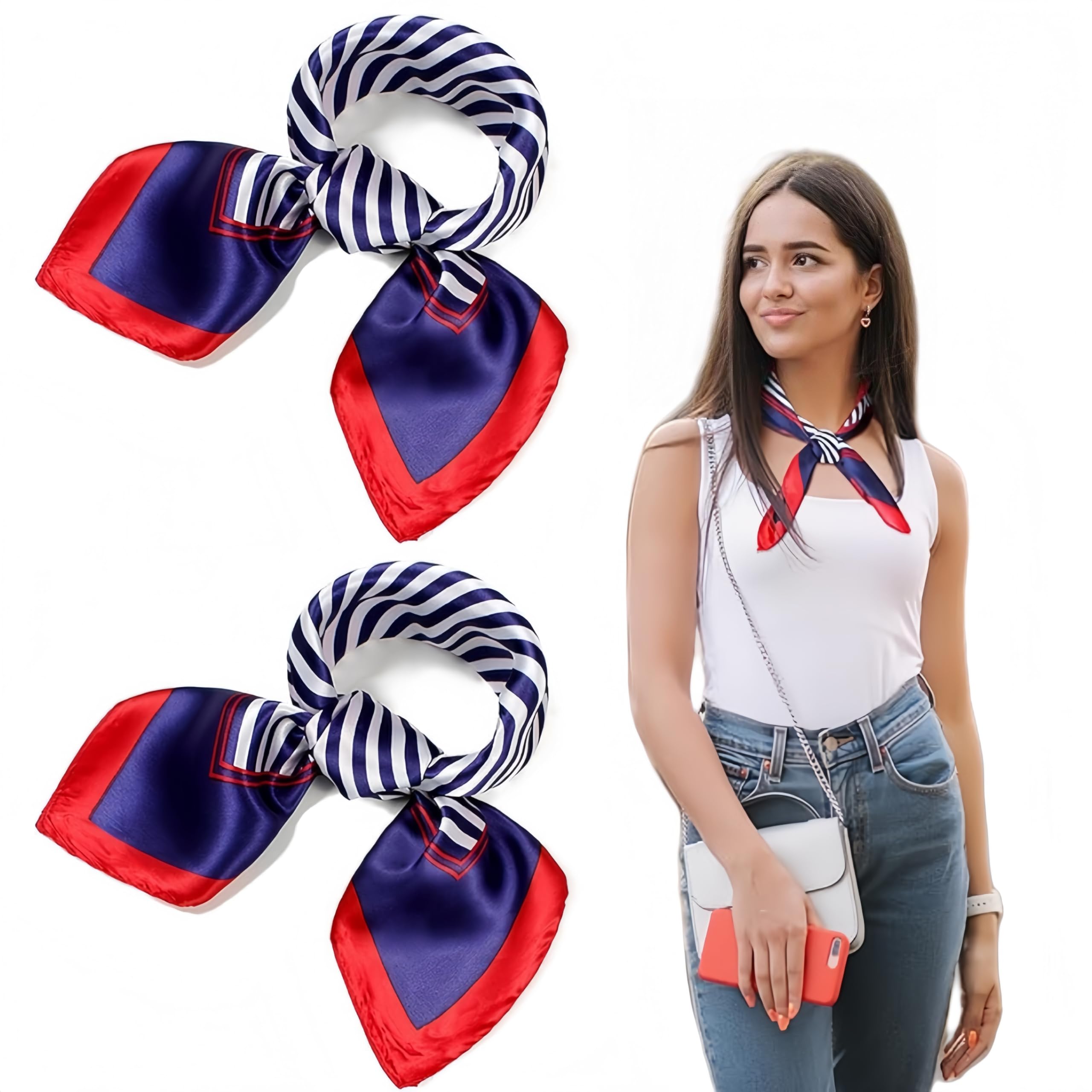 SDXCJY 2 Pack Nautical Sailor Square Scarves for Women – 24x24 Inch Satin Navy Neck Hair Scarves, Ideal for Stewardess, Casual & Formal Occasions (Multicolor)