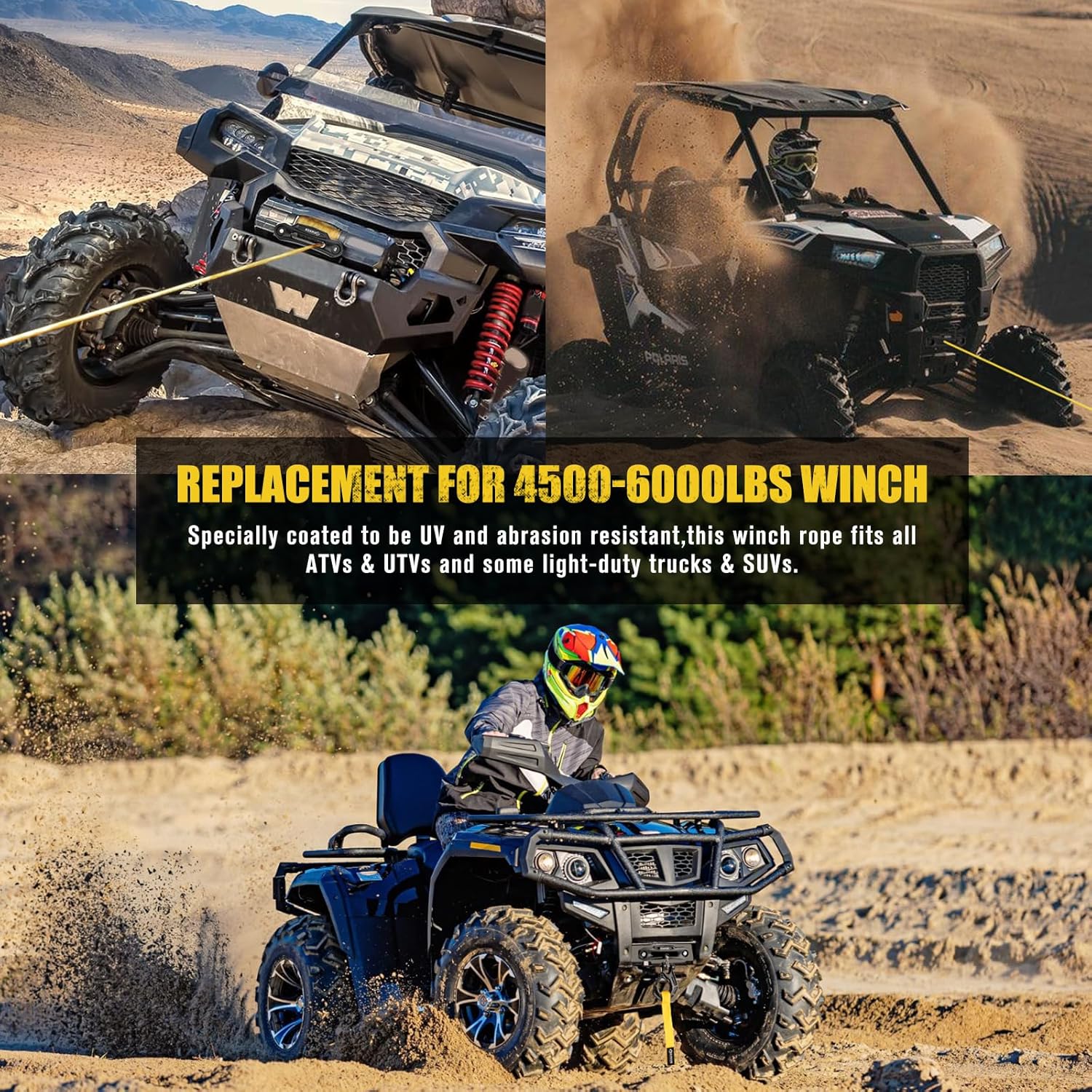 BUNKER INDUST 1/4" x 50' Synthetic Winch Rope,9500LBS ATV UTV Winch Cable with Protective Sleeve 50 FT Winch Line Replacement for 4500 to 6000LBS Winch, Yellow - Image 7