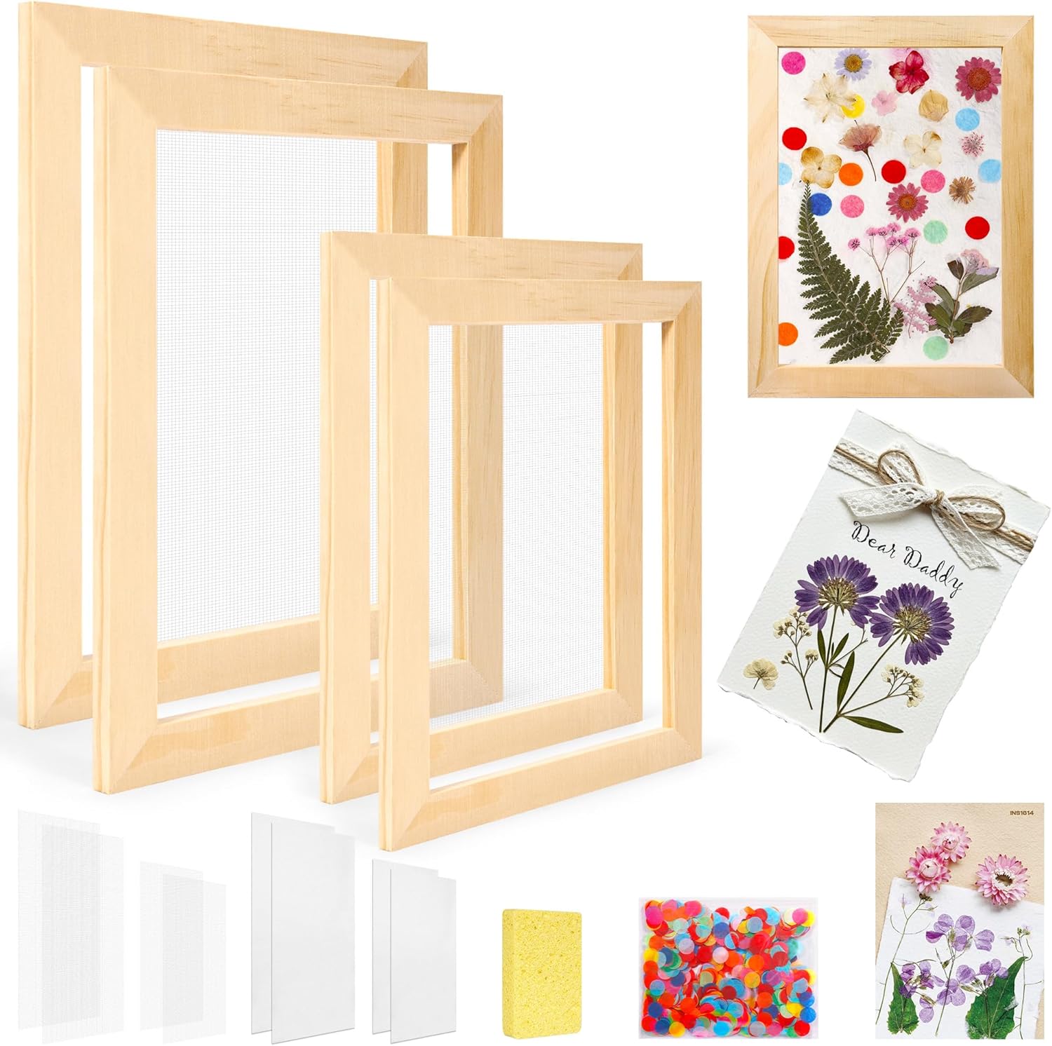 Aboofx Paper Making Kit, A4 A5 A6 A7 Size Paper Making Screen Frame Kit, Wooden Mold and Deckle with Mesh, Absorbent Papers, Sponge and Confetti,DIY Handmade Papermaking Supplies Gift for Craft Lover