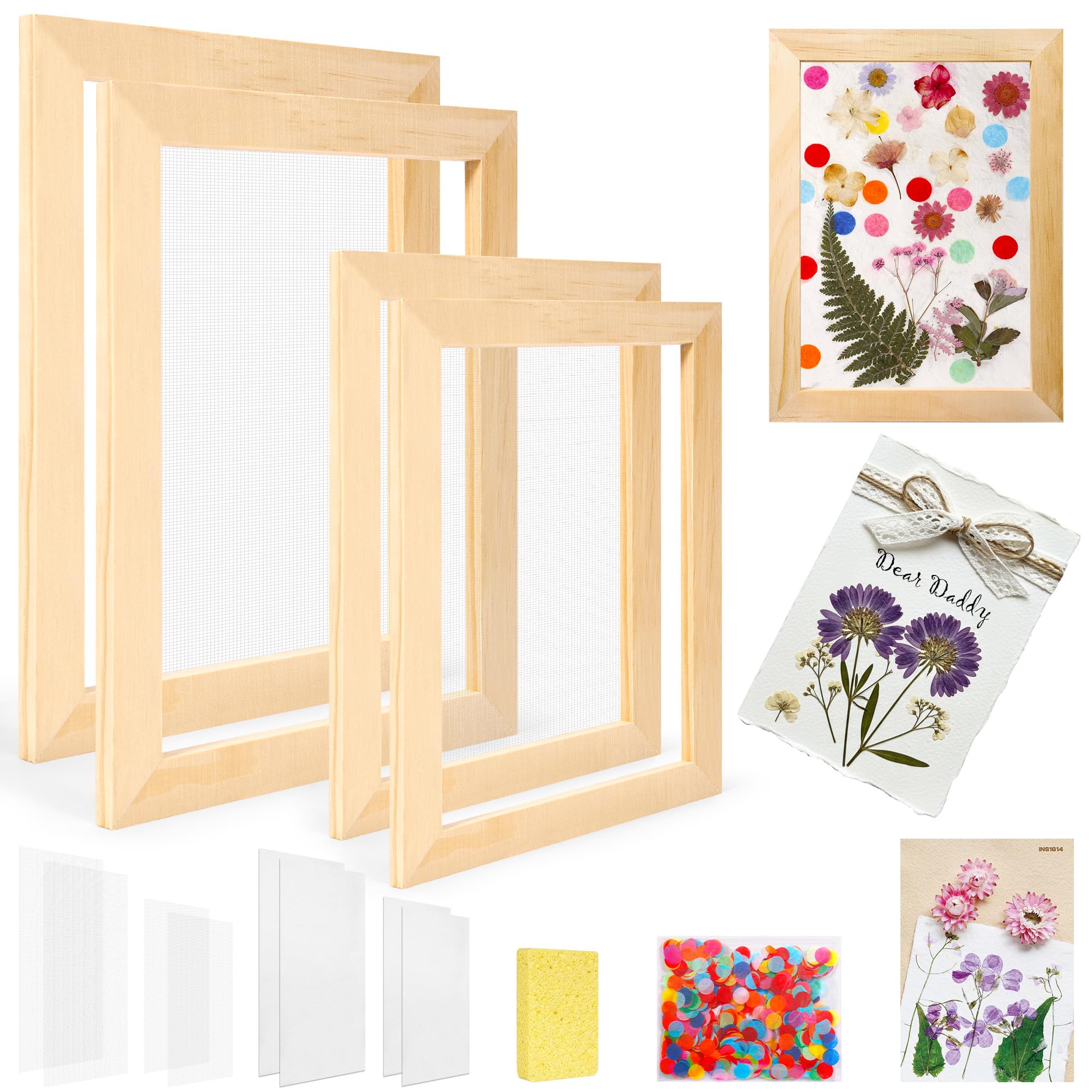 Aboofx - Kit de 2 marcos para pantalla de papel (tamaño A5/A6), molde de madera para fabricación de papel y desbarbado con malla absorbente, esponja y confeti, para manualidades de papel para adultos.