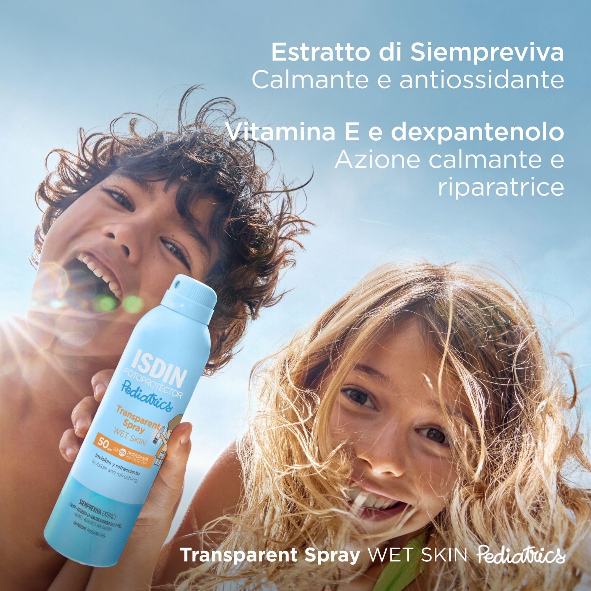ISDIN Pediatrics Transparent Spray Wet Skin SPF 50 (250 ml) | Protezione Solare Spray per il Corpo per Bambini | Leggero e a Rapido Assorbimento