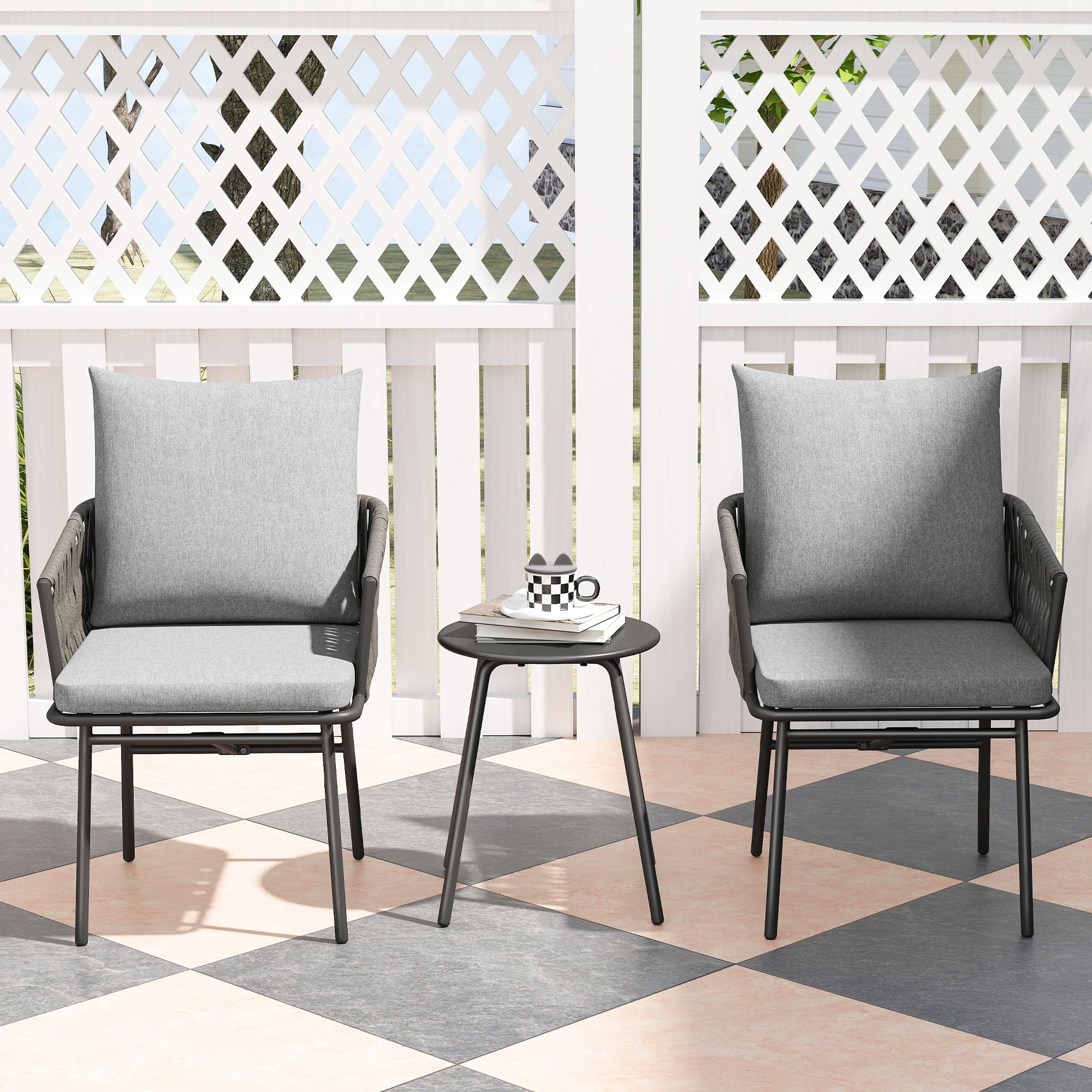 Outsunny 3-TLG. Rattan Bistroset Sitzgruppe 2 Gartensessel Couchtisch Grau