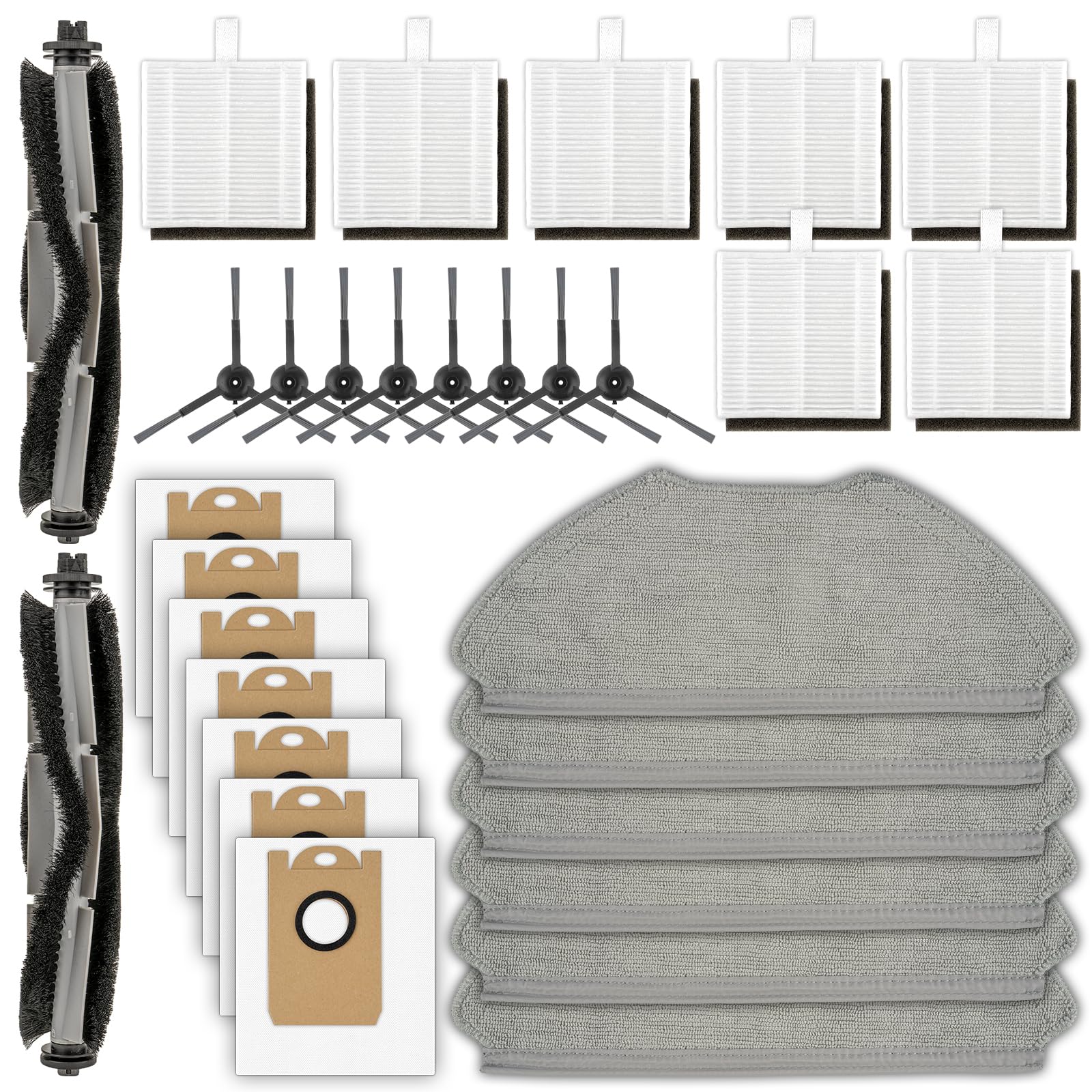 (30 Pack) T20+ T25+ T30+ Replacement Parts Compatible with Airrobo T20+ T25+ T30+ Robot Vacuum Cleaner, 2 Roller Brush, 8 Side Brushes, 7 Dust Bags, 7 HEPA Filters, 6 Mop Pads, Accessories Kit