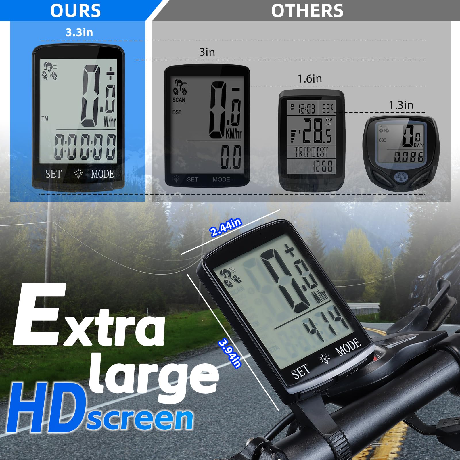 DonDofla Bike Computer and Bicycle Odometer Wireless Big Secrren 3.3IN MPH KM/H Bike Speedometer with Automatic Wake-Up Cycling Old School Speed Tracker Multi-Functions (Green Backlight Color, Black)