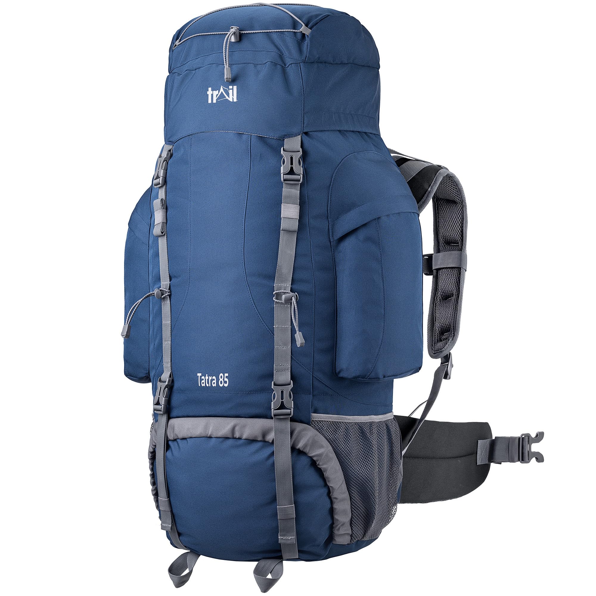 Trail Tatra Hiking Backpack 85L, Trekking Hiking Walking Backpacking Backpack, Water Resistant Multi Pocket Bag, Padded Ventilated Adjustable Hip & Back System, Bungee Cord, USB/Headphone Port (Black)