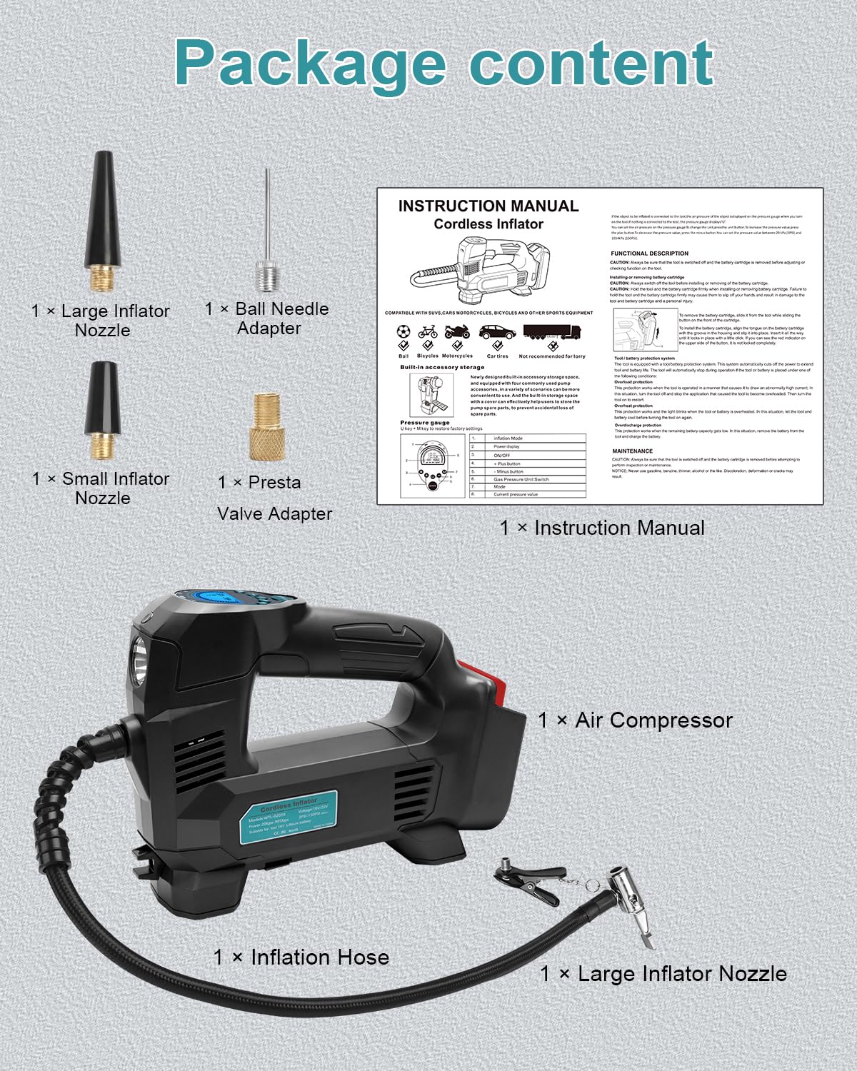 Waitley Compresseur d’air sans fil pour Bosch Professional 18V GBA 11 bar