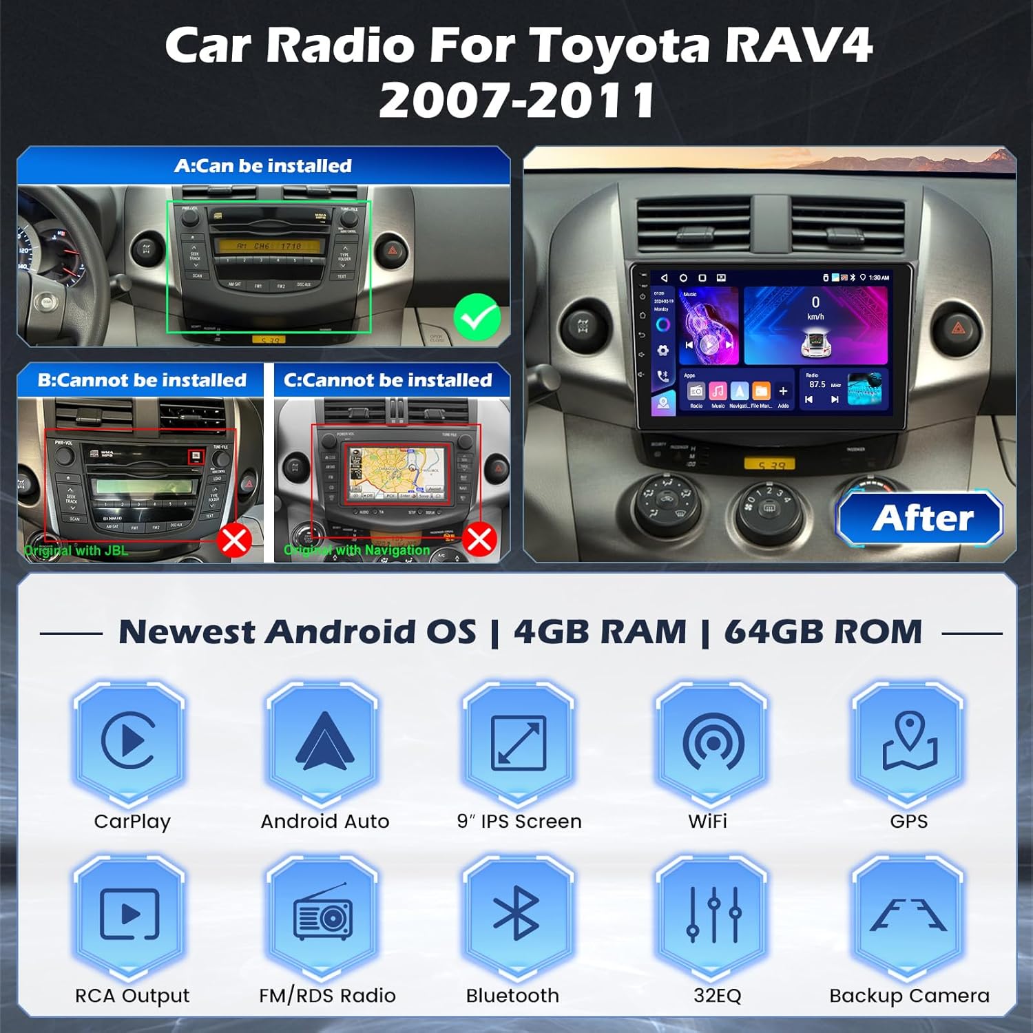 [DSP 4+64G] Android 15 Car Stereo for Toyota RAV4 2007-2011, Hikity 9'' IPS Touch Screen Car Radio Wireless Carplay Android Auto 5G WiFi/1280*720P/Bluetooth/Mirror Link GPS SWCFM/RDS/32EQ Backup Cam