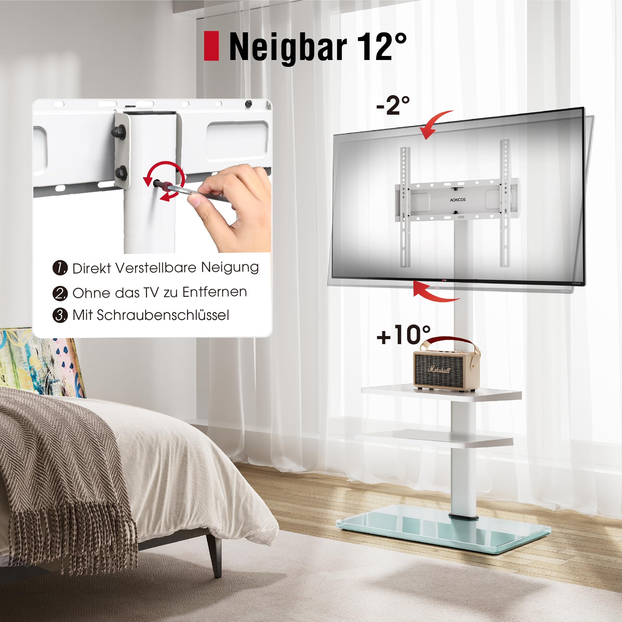 AOKCOS TV Ständer für 32-70 Zoll Flach&Curved Fernseher, TV Bodenständer Höhe 1350mm, Höhenverstellbar Schwenkbar Neigbar Fernsehständer 3 Stufigen Regalen, Max.VESA 400x400mm bis zu 40kg (Weiß)