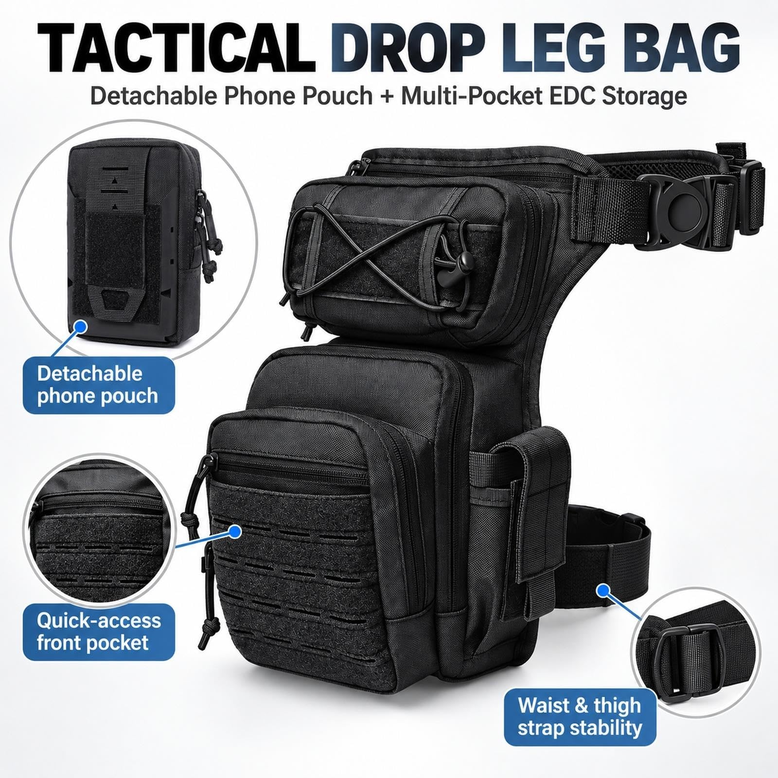 Bolsa de Muslo de Nylon 1000D + Riñonera Táctica, Set de 2 Piezas Outdoor