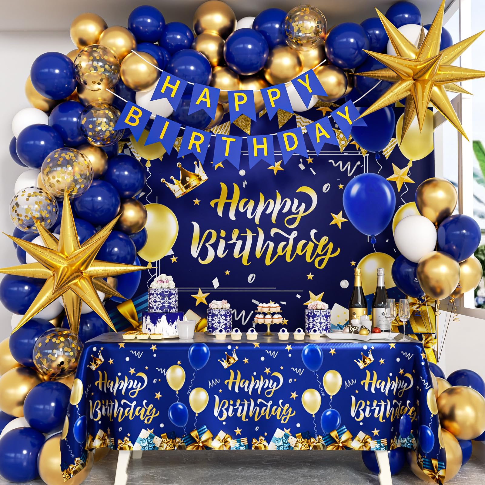 Blue and Gold Birthday Decorations, Blue Gold White Foil Balloons Happy Birthday Banner Blue Tablecloth Backdrop for Happy Birthday Decorations for