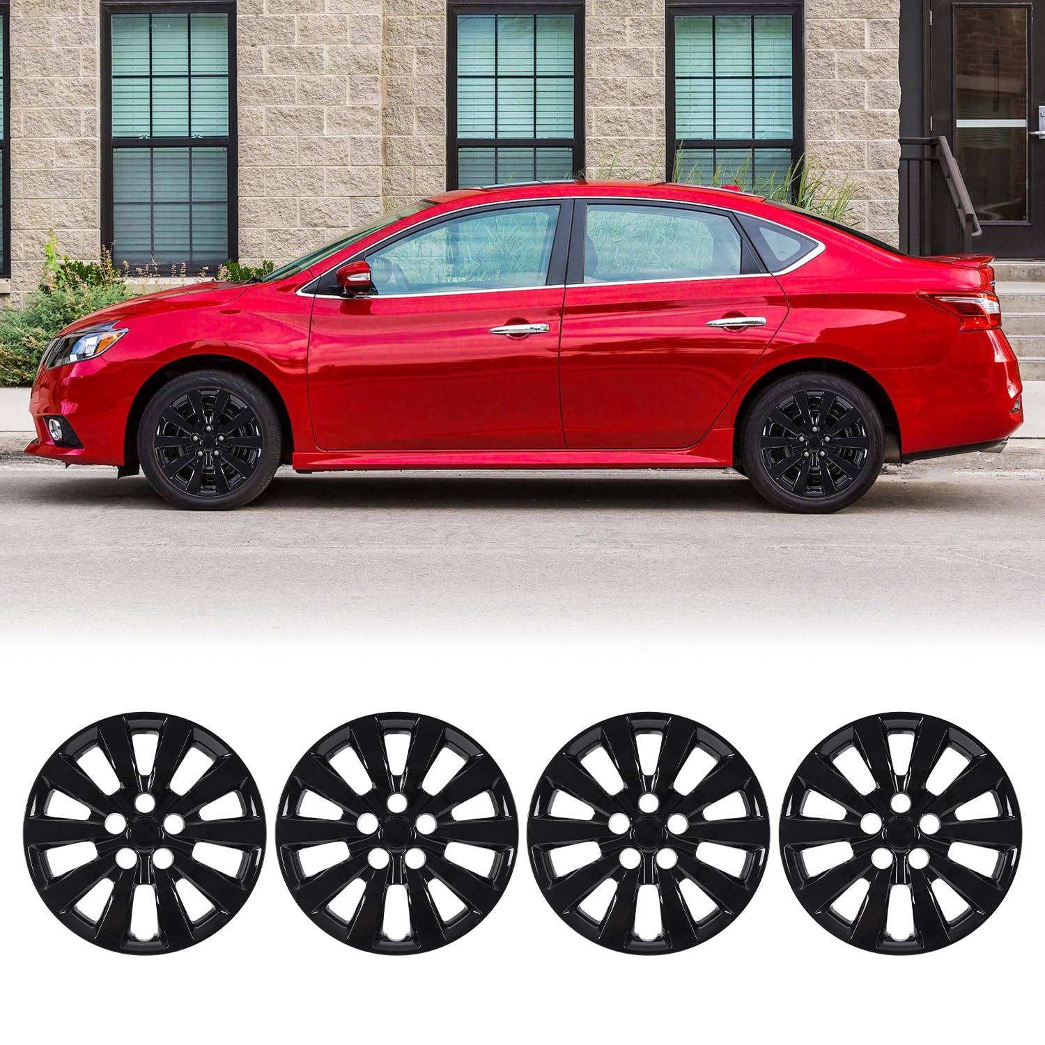 Winjet 16" Hubcaps Wheel Covers for 2013-2019 Sentra [2013 2014 2015 2016 2017 2018 2019 Nissan Sentra] &amp; [2011-2017 Nissan Leaf] Wheel Rim Covers 16 inch Hub caps Set of 4 (Black Lacquer)