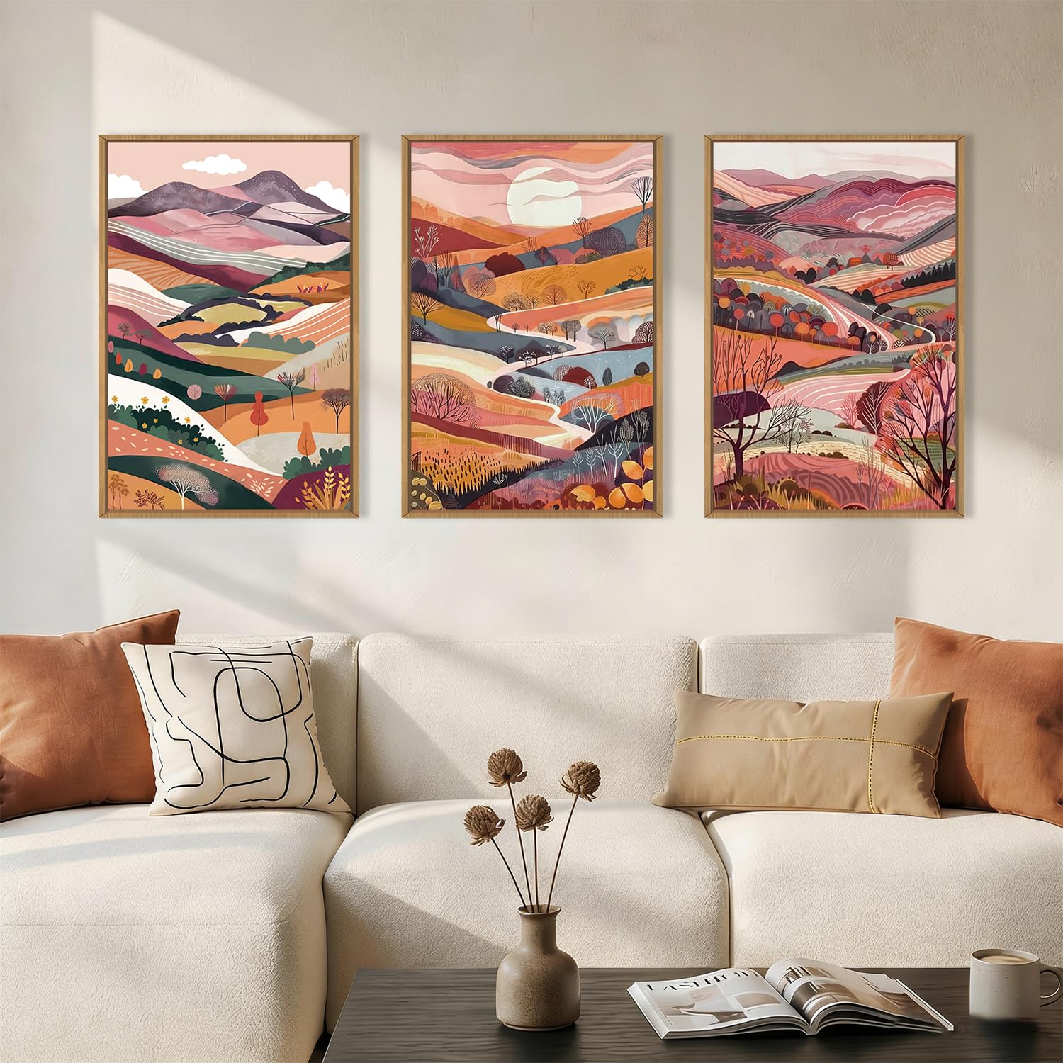 KAIRNE Boho Colorful Mountain Framed Canvas Wall Art Set,Abstract Pink Landscape Wall Decor,Watercolor Forest Art Prints,Nature Scenery Artwork for Living Room,Bedroom,Farmhouse,Office-16 x24 x3