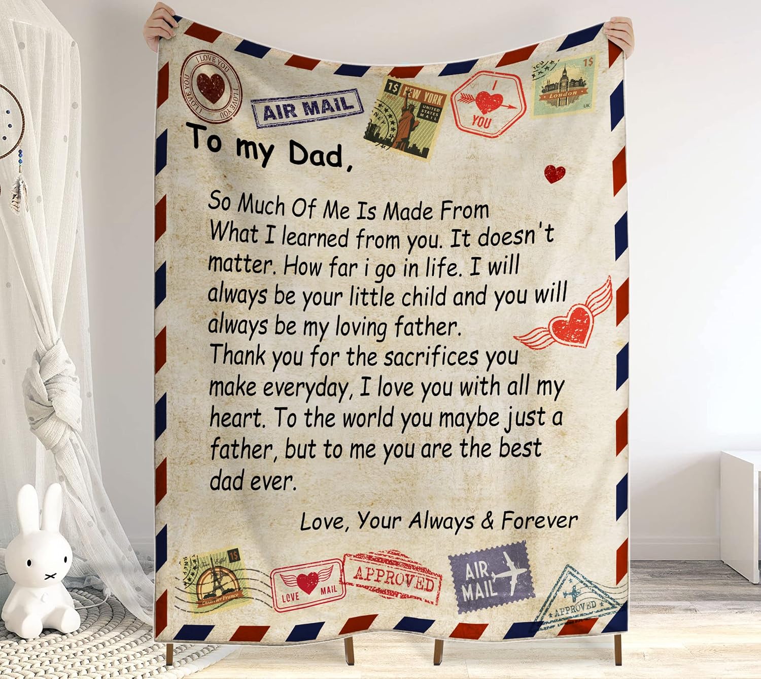 to My Dad Blanket, Customized Throw Blanket, Personalized Quilt, Gift from Kids, Dad and Son Holding Hands Design Quilt, Custom Photo Quilt, Birthday Gift from Family Members, Gift for Christmas