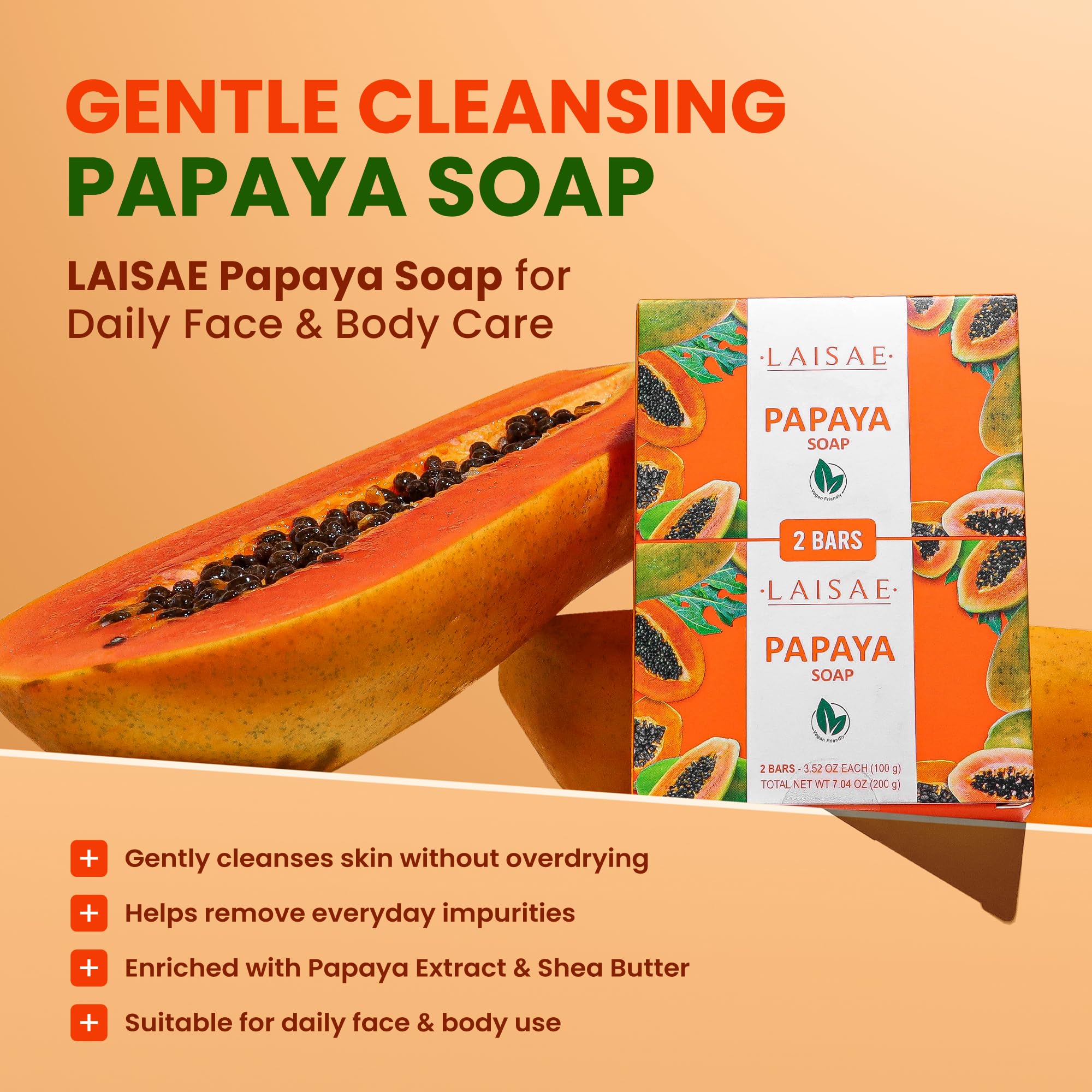 Papaya Aufhellende Seife – für Peeling und Reinigung des Körpers, beseitigt Akne-Narben, Altersflecken und feine Linien, geeignet für alle Hauttypen (2 Riegel/100 ml)