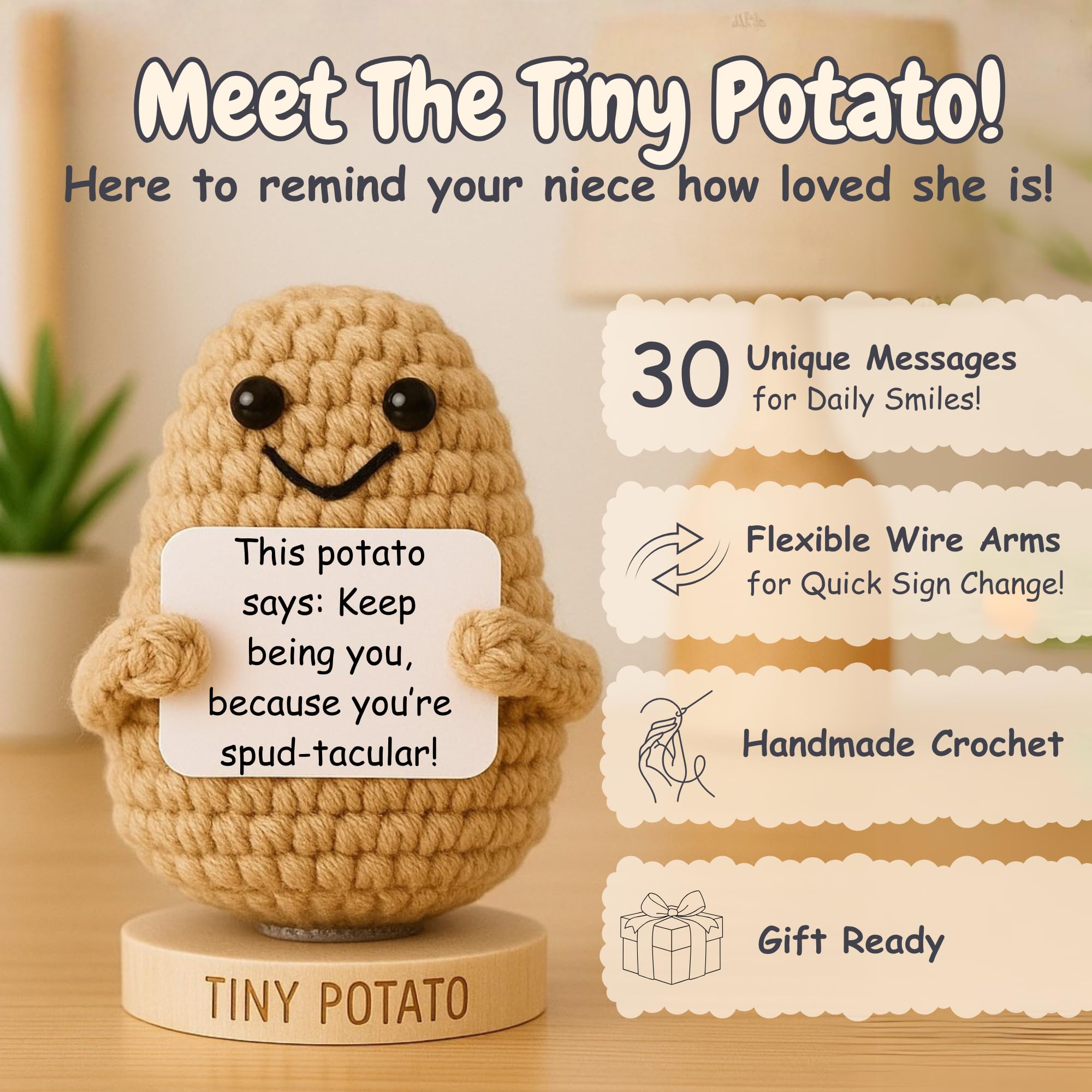 Mothers Day Niece Gift from Auntie, Uncle - Tiny Potato Crochet with 30 Cute Signs - Funny Birthday Gifts from Aunt or Uncle - Best Niece Ever Present Ideas for Mothers Day - Birthday Gift from Auntie
