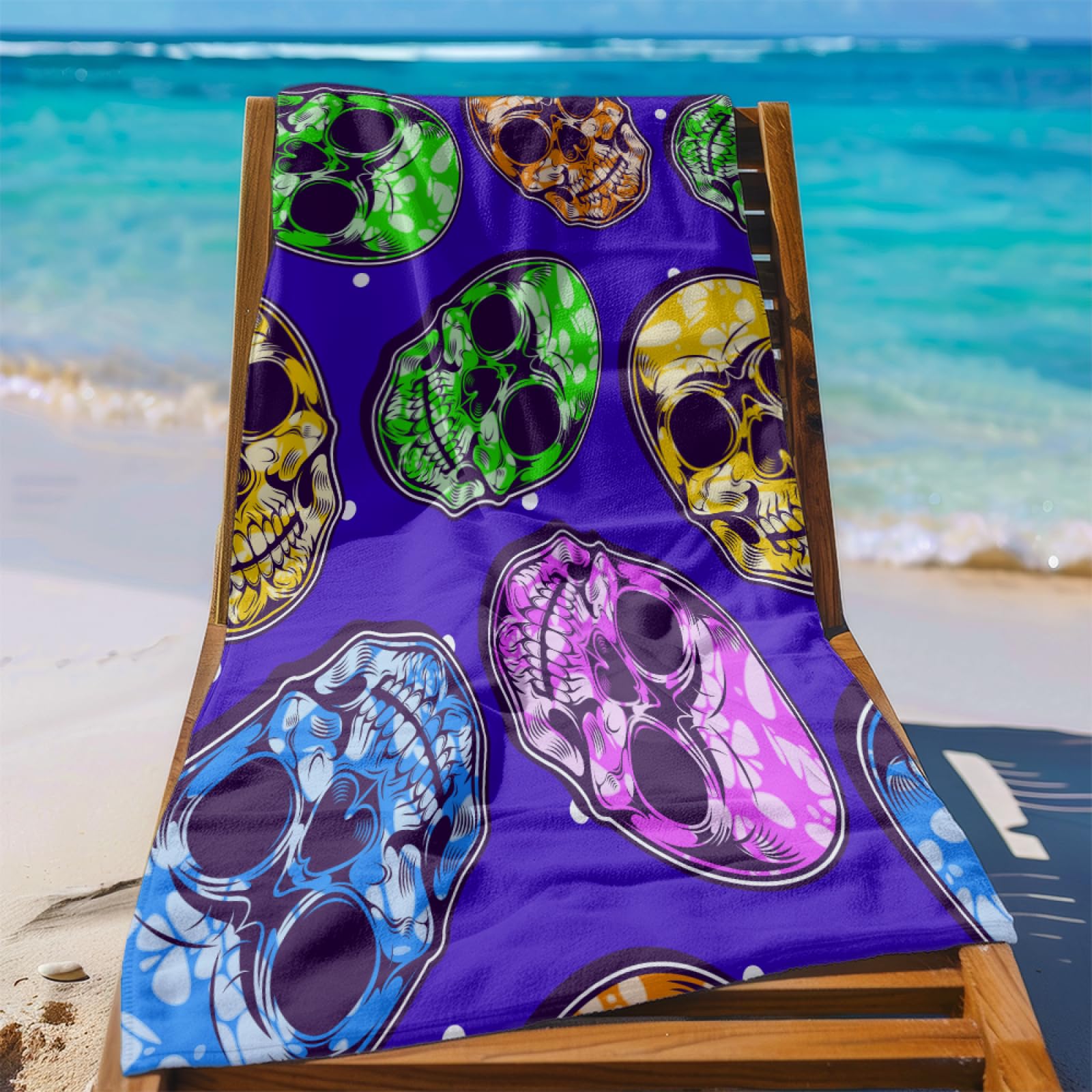 Drap de Plage XXL 200X200 Crâne Vert Serviettes de Plage en Microfibre,Serviette Piscine Extra Large sans Sable pour Adultes Séchage Rapide