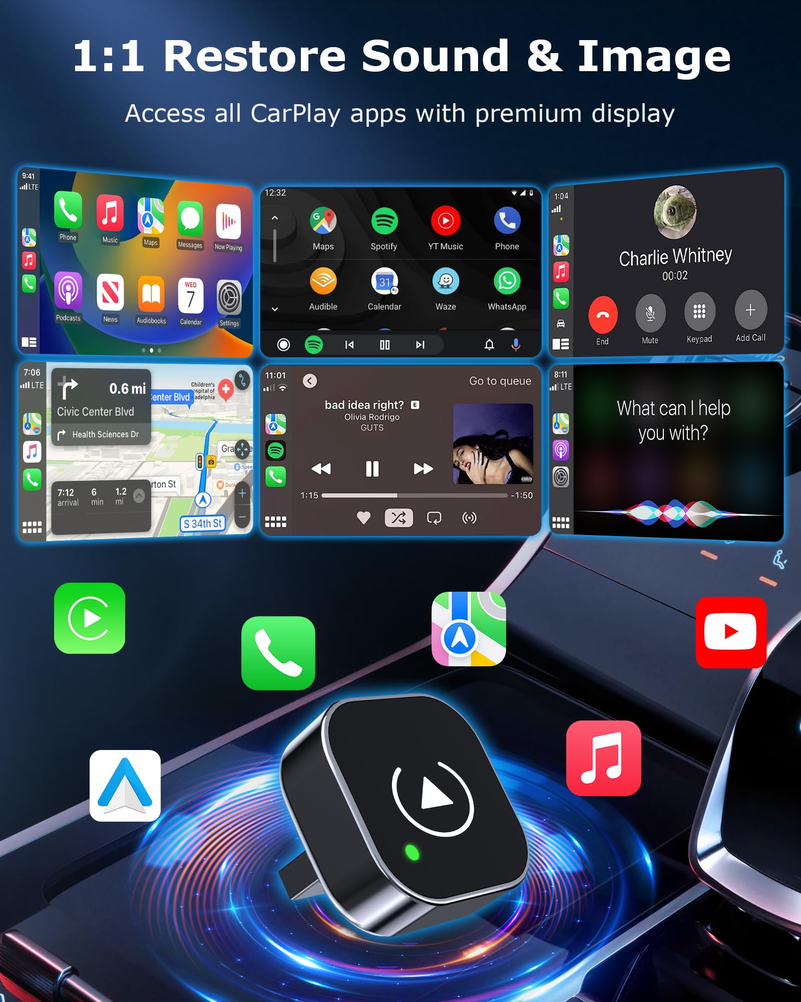 2 en 1 Adaptador Carplay Inalambrico Android Auto para Apple/Android Auto | Plug and Play, Diseño Compacto, Wi-Fi de Doble Banda de 2,4 GHz + 5,8 GHz, Ampliamente Compatible, Conexión Automática