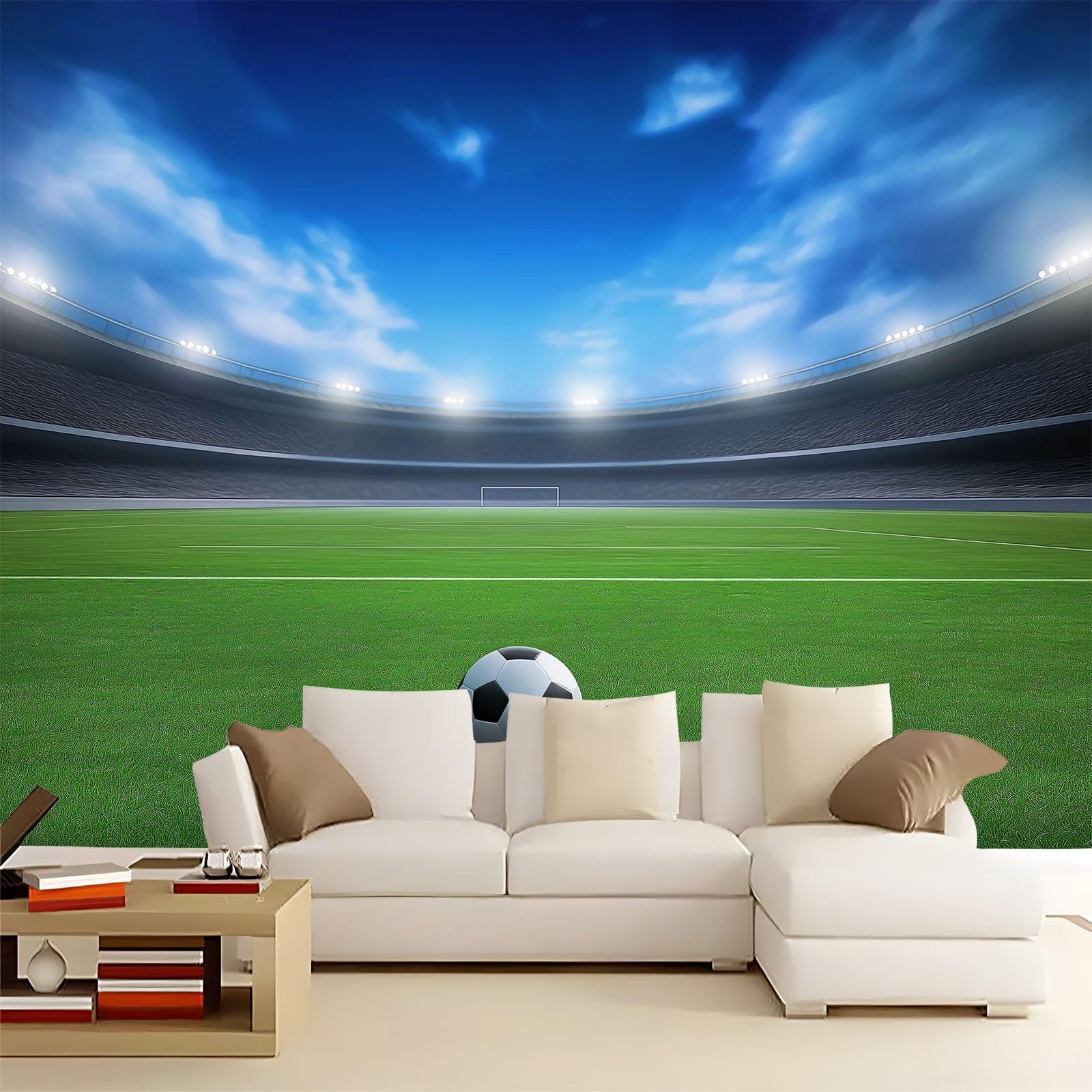 Tapeta 3D, boisko do piłki nożnej, piłka nożna, 350 x 256 cm, murale ścienne, fotografia sportowa z włókniny, fototapeta do salonu, sypialni, pokoju dziecięcego, biura, dekoracja, łatwa instalacja
