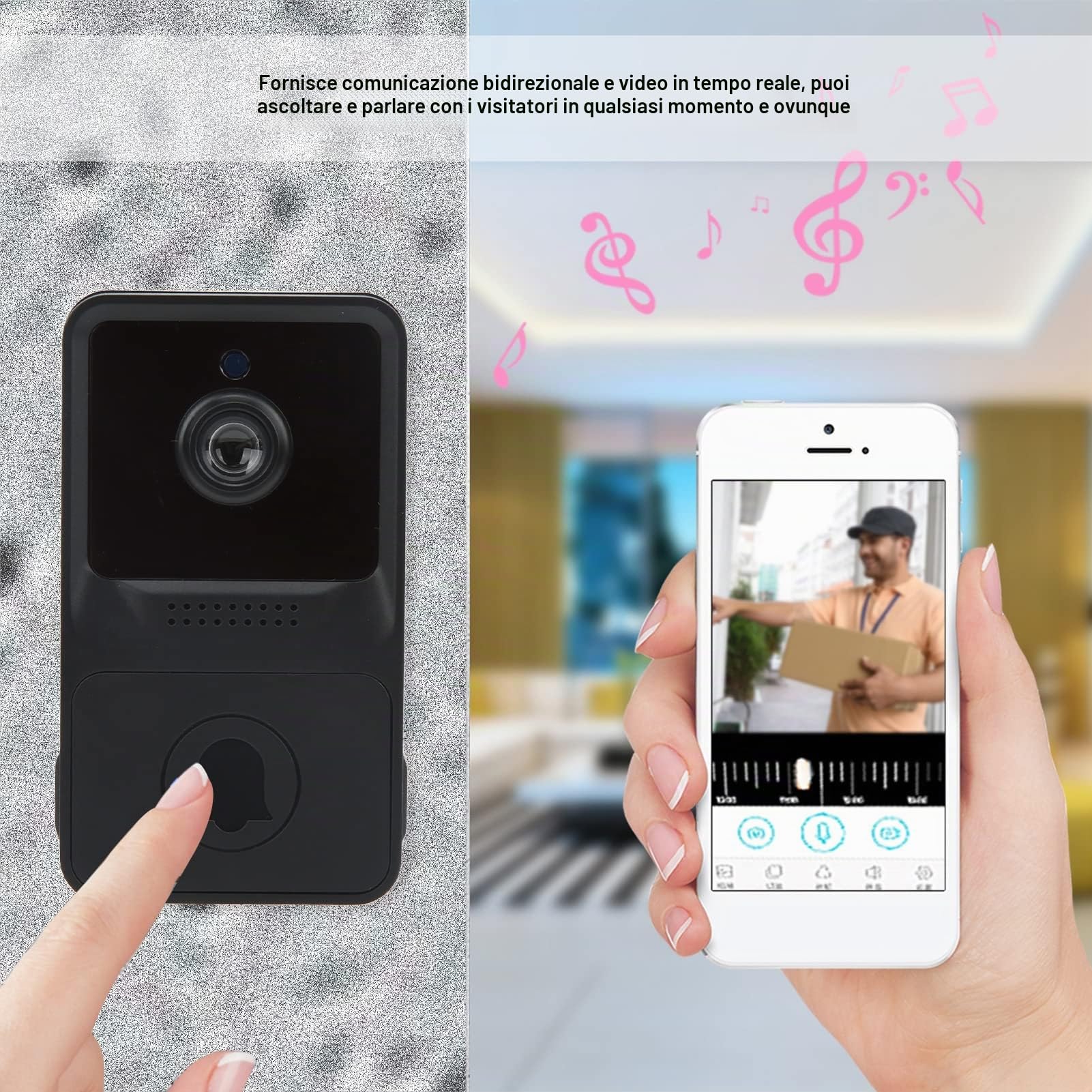 Videocitofono WiFi 2,4 Ghz, campanello wireless, campanello audio bidirezionale con videocamera Campanello intelligente con batteria 1000 mAh compatibile con IOS Android