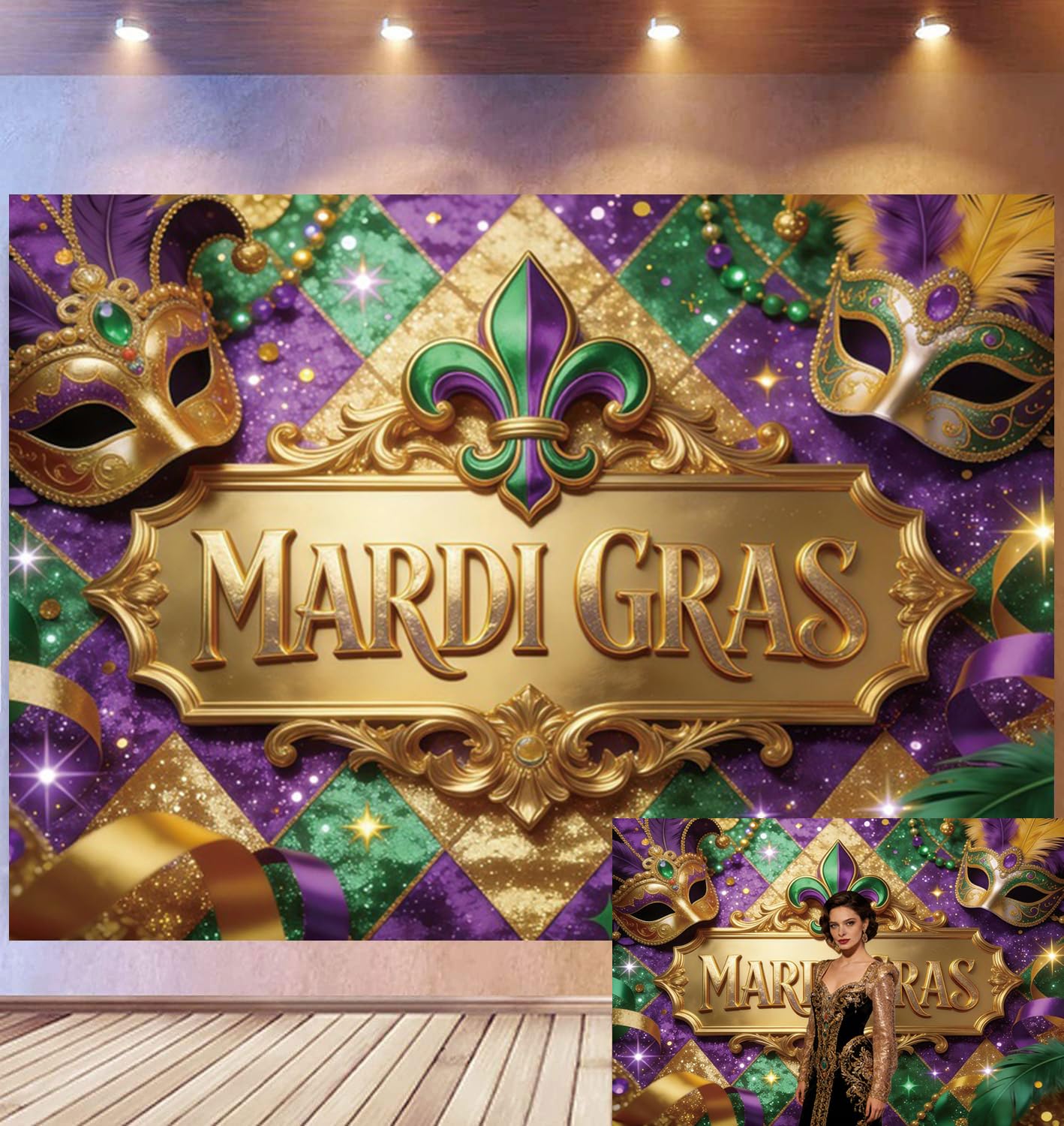 3,6 x 1,8 m tło scena festiwal Mardi Gras wystrój złota lilia maski wzór brokatowo-zielony motyw karnawał Nowy Orlean akcesoria studyjne fotograficzne