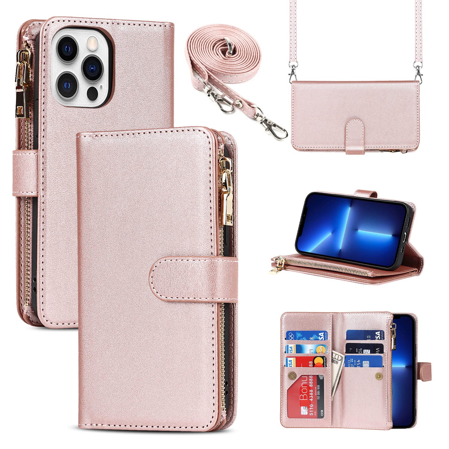 Cavor for iPhone 13 Pro Max Wallet Case, for iPhone 13 Pro Max Crossbody Case with Strap Stand,for Women Men,Leather Magnetic Zipper Protective Phone