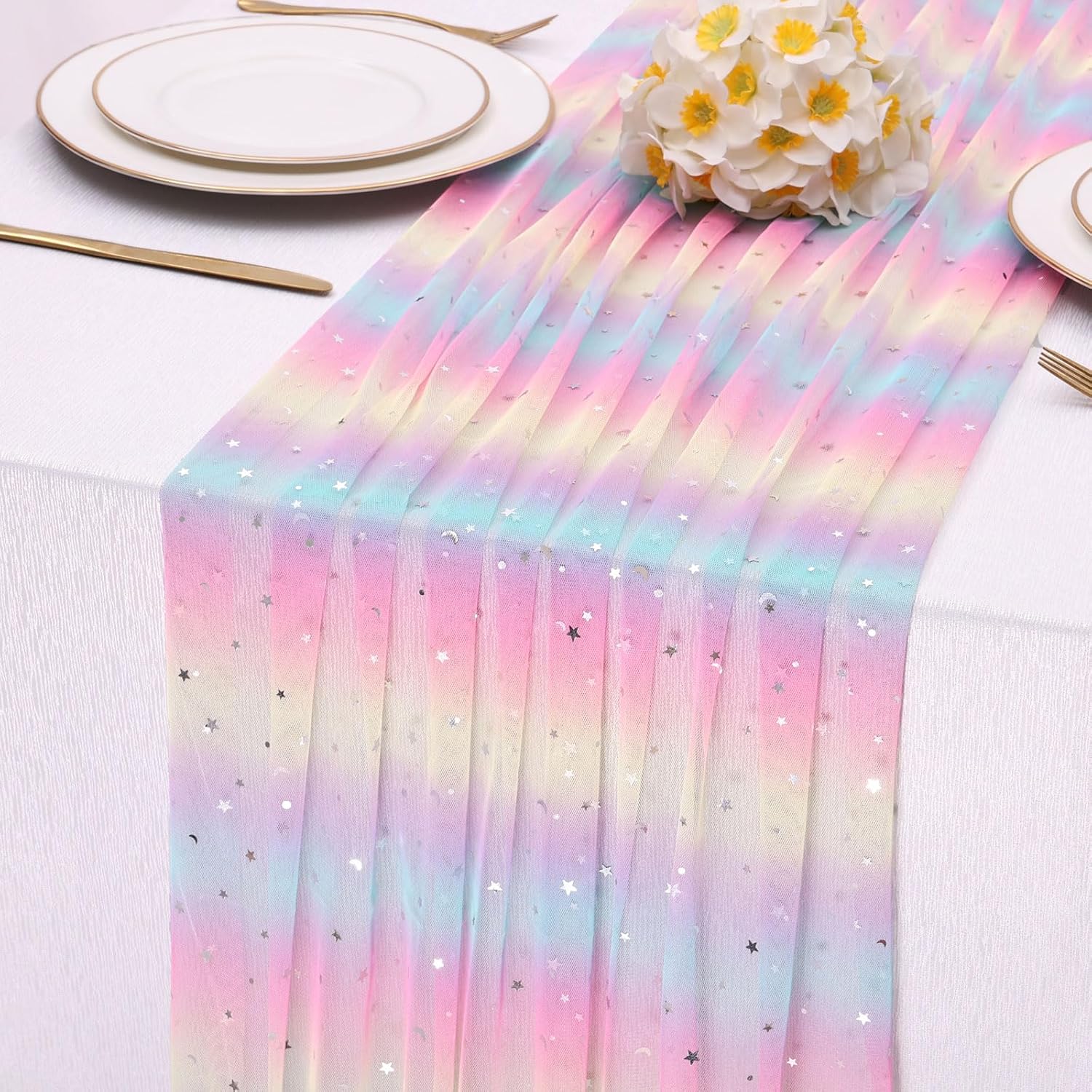 120 Inch Rainbow Unicorn Table Runner 10ft Colorful Sequins Tulle Star Moon Gauze Sheer Table Runners for Easter Holiday Birthday Kid's Party Baby Shower Decoration - Image 4