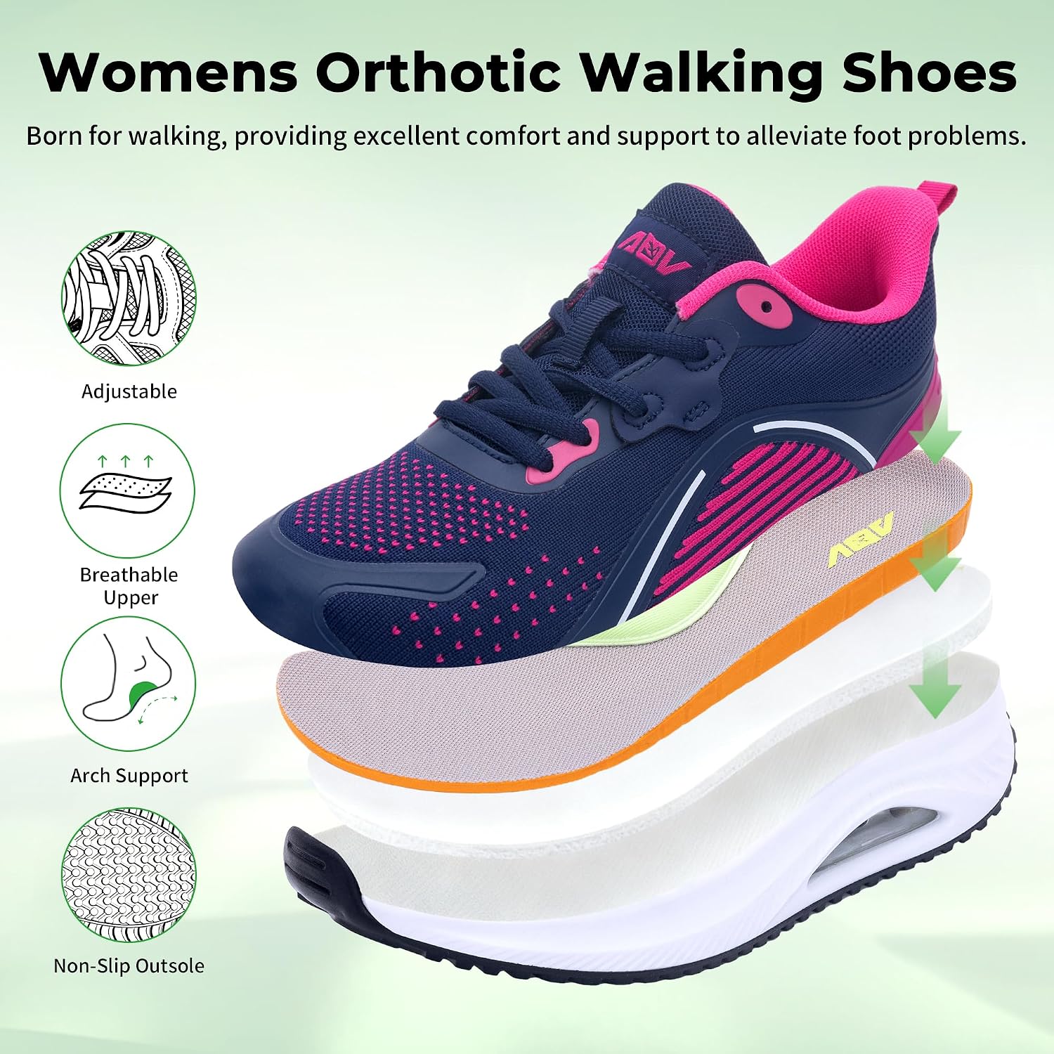 Womens Walking Shoes Arch Support Plantar Fasciitis Shoes Orthotic Tennis Sneakers for Foot Pain Relief