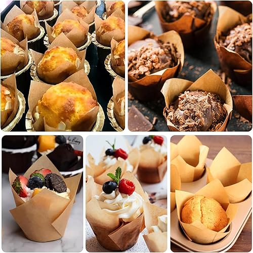 Miniatura 6 de Neyimqr 120 forros de tulipanes naturales para cupcakes para hornear, papel pergamino de grado alimenticio, soportes para magdalenas estándar,