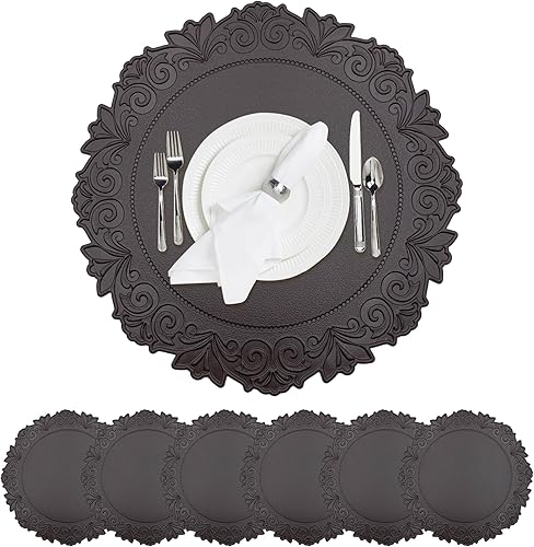 Miniatura 1 de Juego de 6 manteles individuales europeos de piel sintética impermeables en relieve, lavables y lavables, adecuados para mesas redondas, mesas de