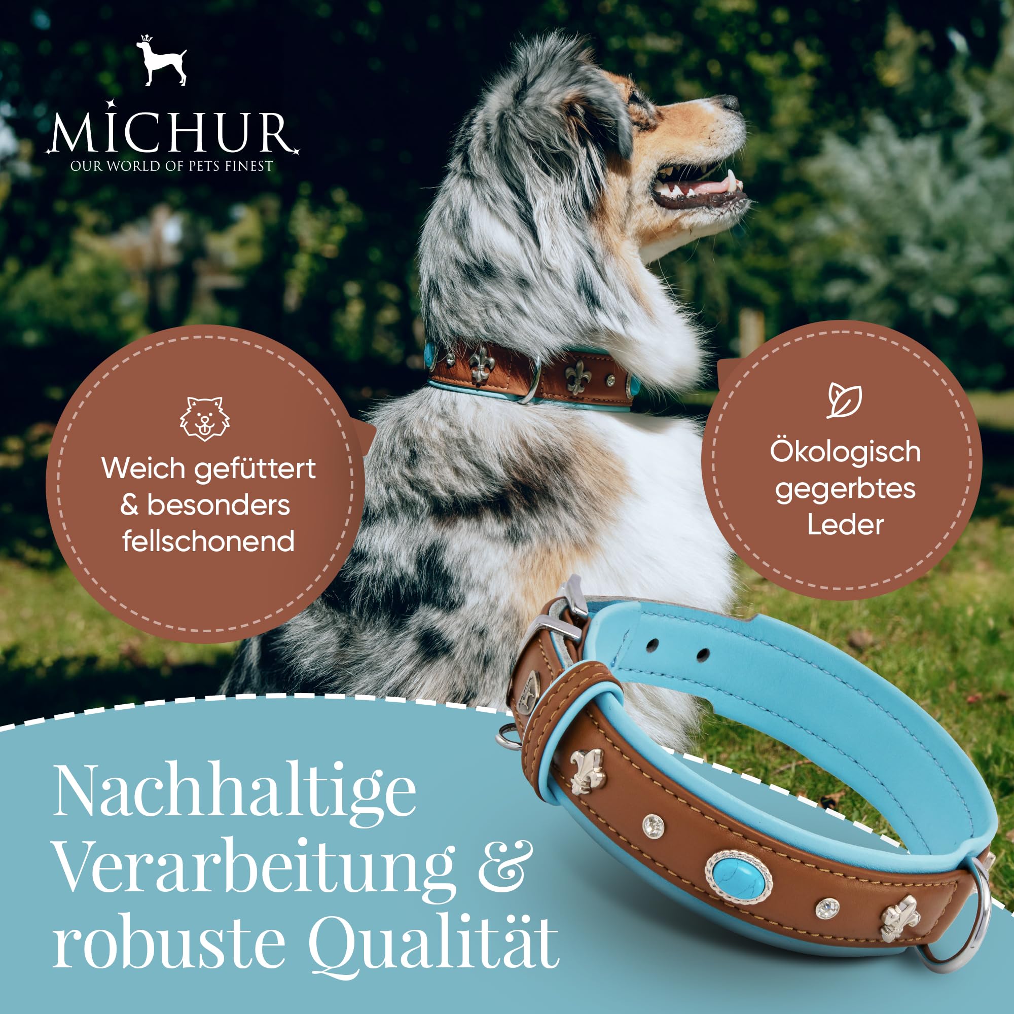 MICHUR Nizza Lagune Hundehalsband Leder, Lederhalsband Hund, Halsband, Braun Blau, Leder, mit Lilien,Strasssteinen und großem Kristall, in verschiedenen Größen erhältlich