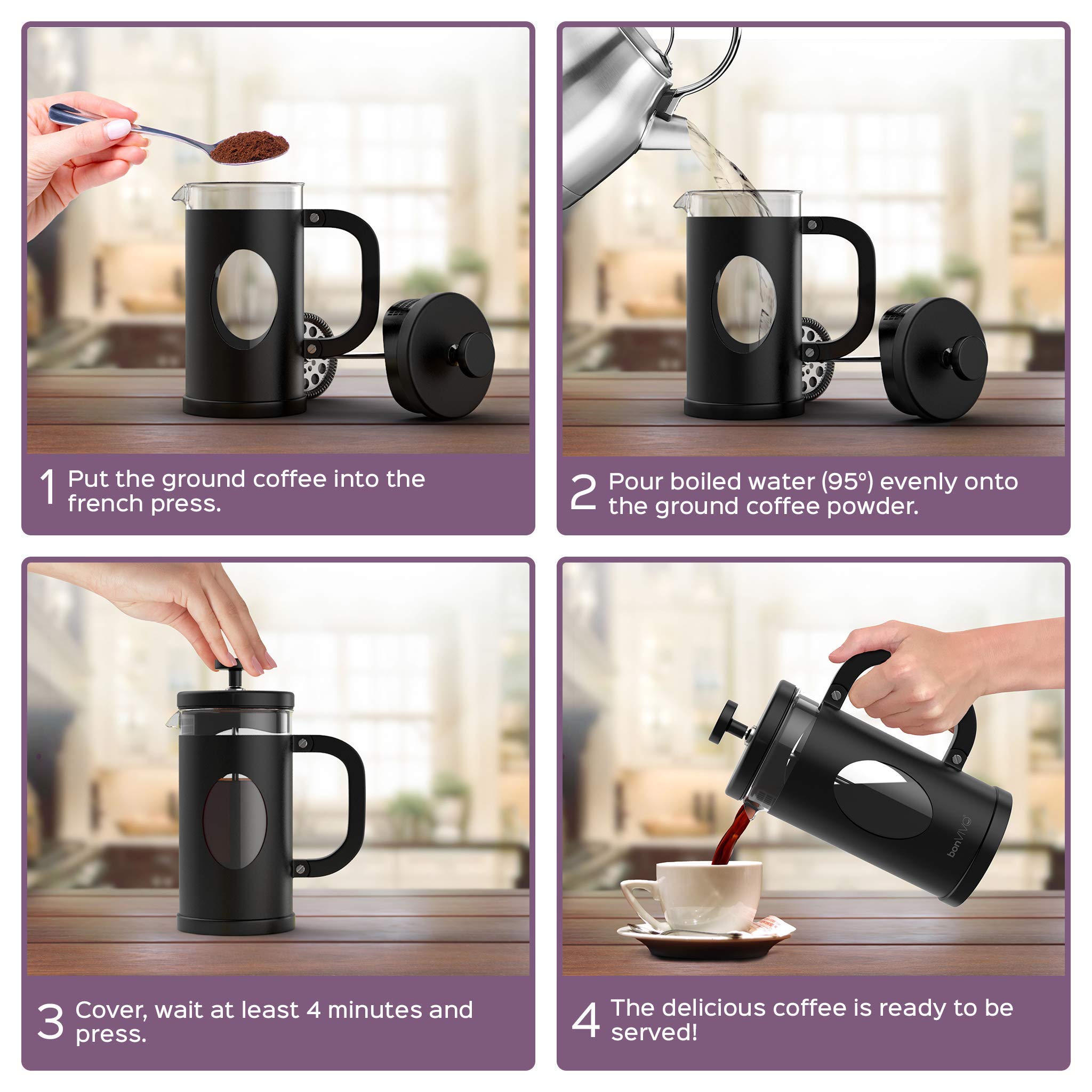 bonVIVO French Press 8 Tazze Nera con Caraffa di Ricambio 1L - Caffettiera a Stantuffo in Vetro Borosilicato per Caffè, Tè e Cold Brew