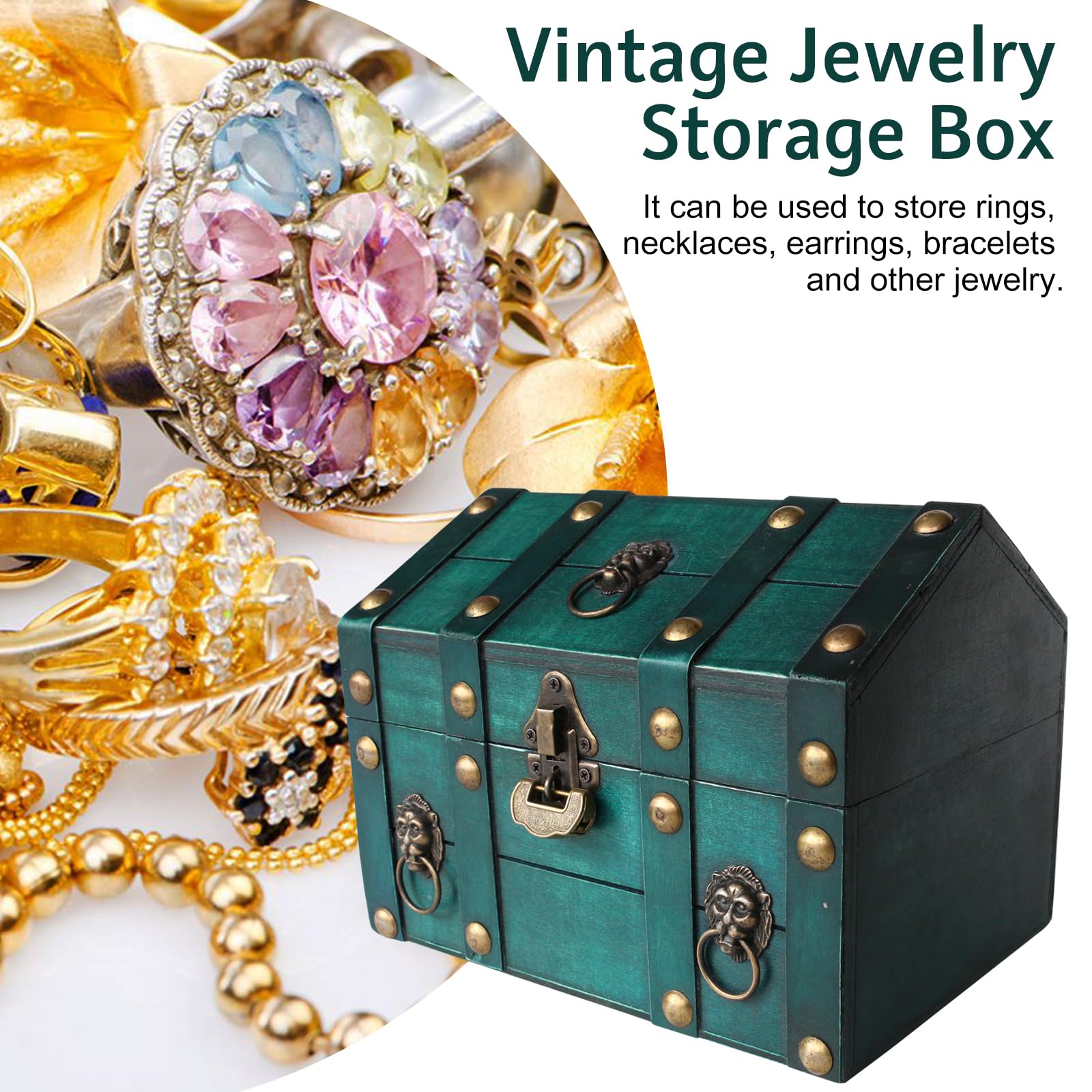 Cofre del tesoro de madera vintage, caja de almacenamiento de joyas con cerradura, almacenamiento clásico y caja decorativa, caja decorativa vintage de gran capacidad, organizador de almacenamiento de 2