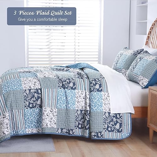 Miniatura 10 de Juego de edredón de retazos marrones, tamaño California King, juego de colcha reversible de 3 piezas a cuadros florales caqui para todas las