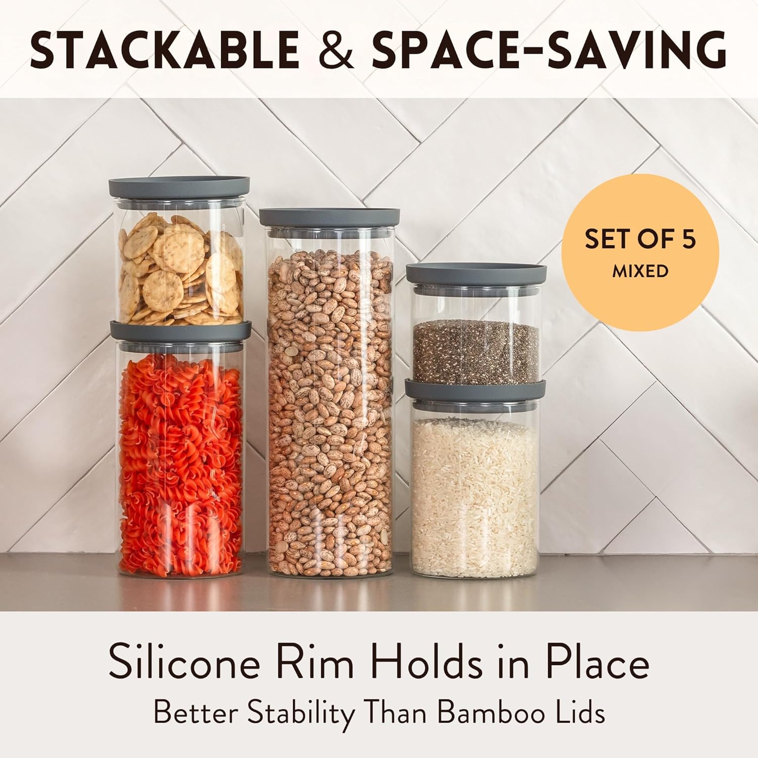 Glass Kitchen Storage Containers with Airtight Silicone Lids, BPA-Free Pantry Glass Jars with Airtight Lid for Pantry Meal Prep, Pasta and Food – Set of 5 with Portion Tool