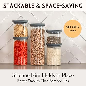 Glass Kitchen Storage Containers with Airtight Silicone Lids, BPA-Free Pantry Glass Jars with Airtight Lid for Pantry Meal Prep, Pasta and Food Set of 5 with Portion Tool