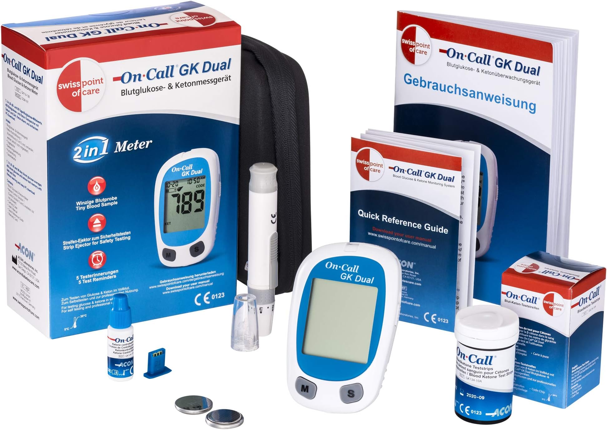 Swiss Point Of Care GK Dual Blood Sugar & Ketones Starter Pack | 1x Measuring Device (MMOL/L), 1x Lancing Device, 100x lancets, 25x Ketone Test Strips | for Accurate Measurement of Blood beta Ketone