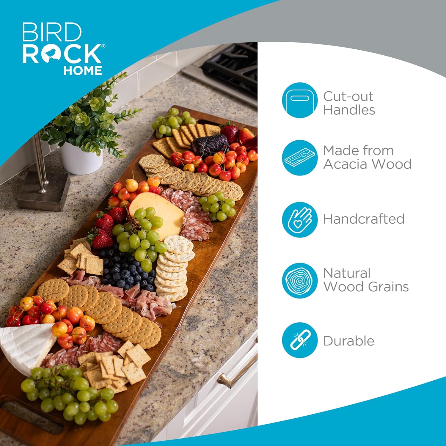 BIRDROCK HOME 36" Acacia Wooden Cheese Serving Board with Handles - Extra Long - Party Charcuterie for Appetizers Food Kitchen Platter - Bread Meat Fruit Display - Natural Wood - Espresso