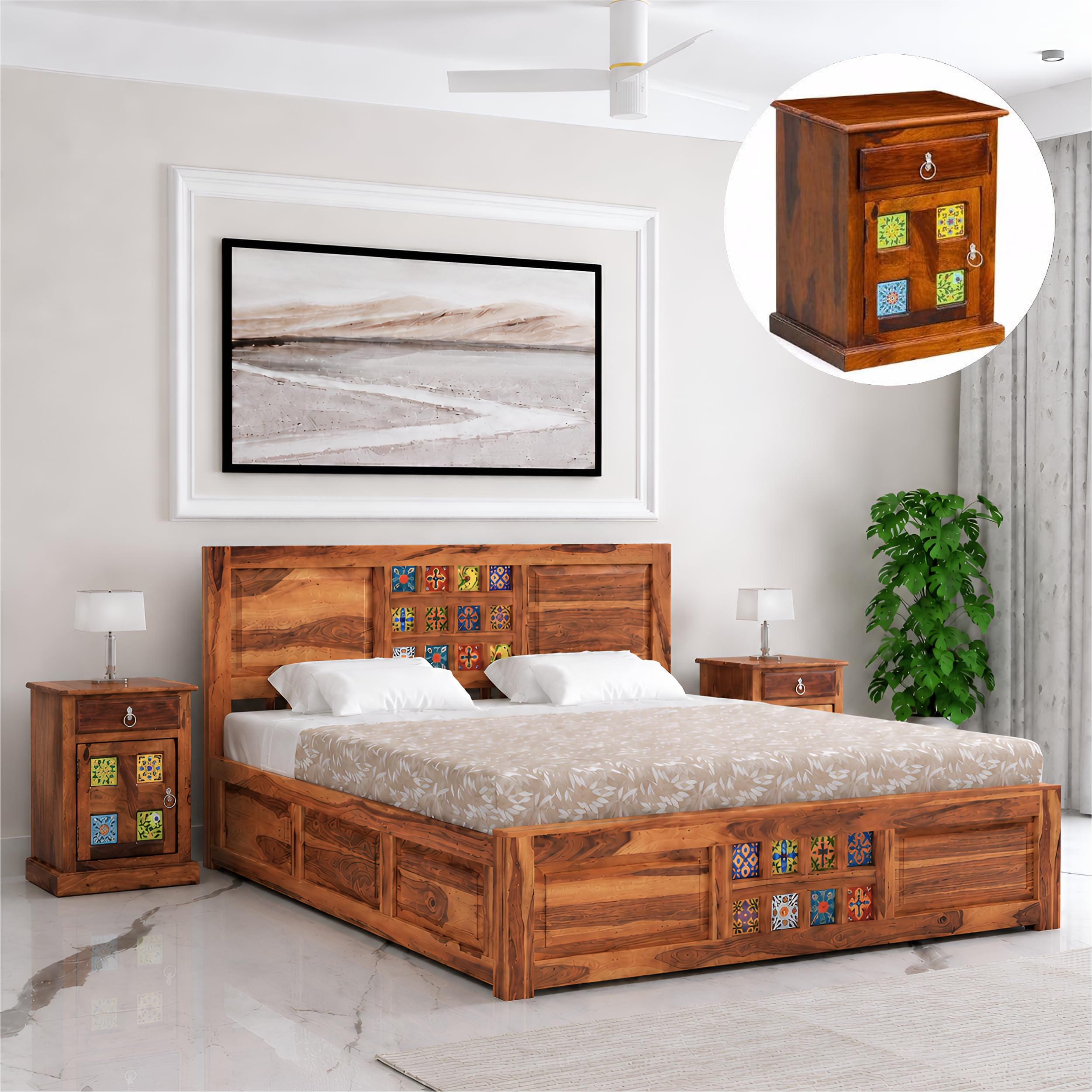 SONA ART & CRAFTS Taurus Solid Sheesham Wood Queen Size Bed with Storage Box + 2 Side Tables | Bed Queen Size Cot Rajasthani Jodhpuri Tile Double Bed with Box - Natural Finish (Assembly Included)-image-20