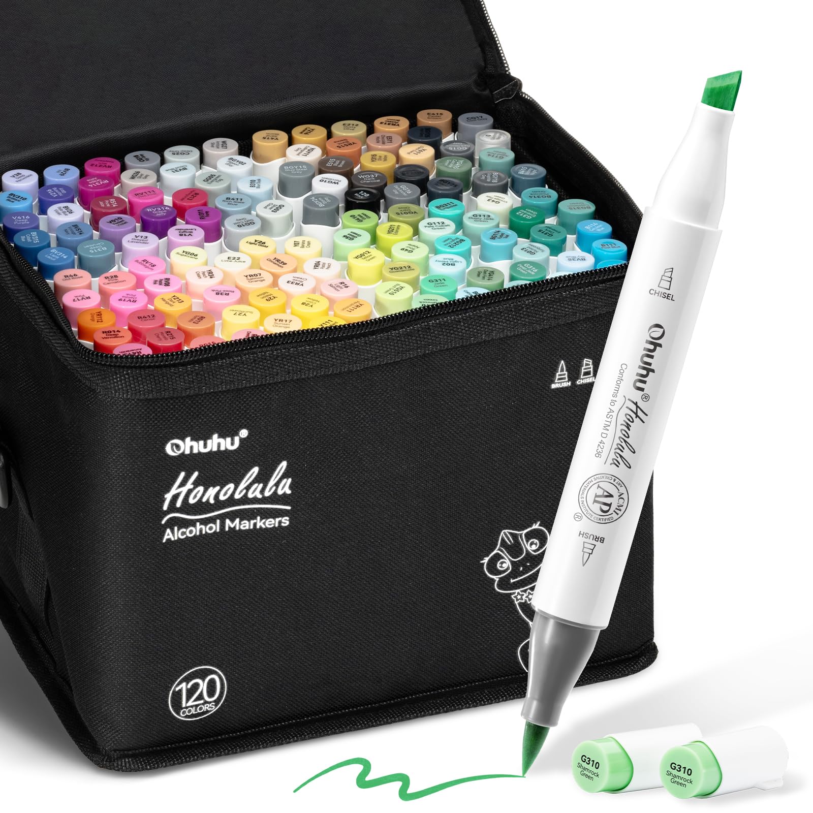 Ohuhu Alcohol Markers Brush Tip -Double Tipped Art Marker Set for Kids Artist Adults Coloring Sketching Illustration - 120 Colors w/ 1 Blender -Brush & Chisel - Honolulu Series of Ohuhu Brush Markers