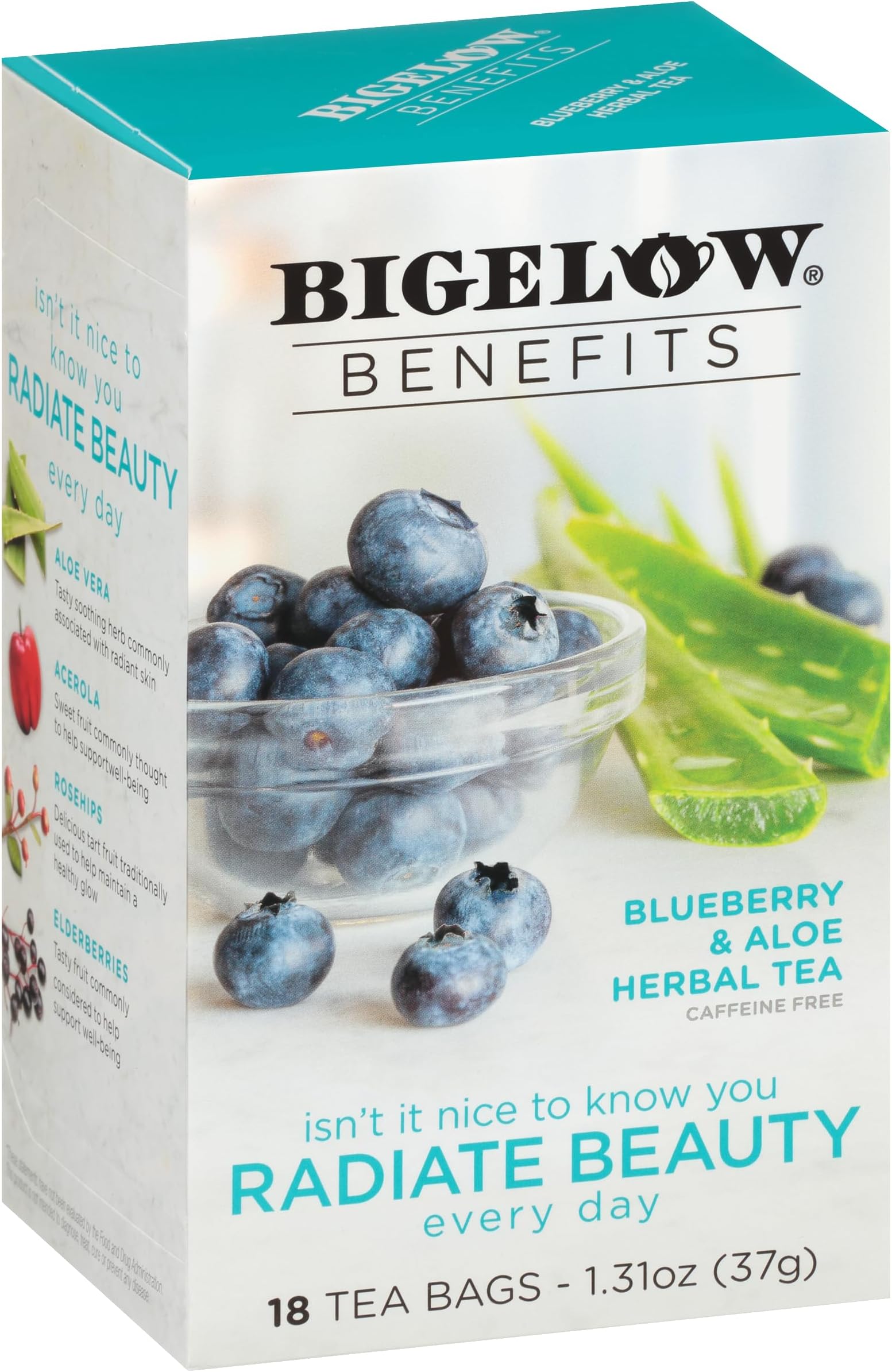 Bigelow Benefits Radiate Beauty Blueberry and Aloe Herbal Tea, Caffeine Free, 18 Count (Pack of 6), 108 Total Tea Bags