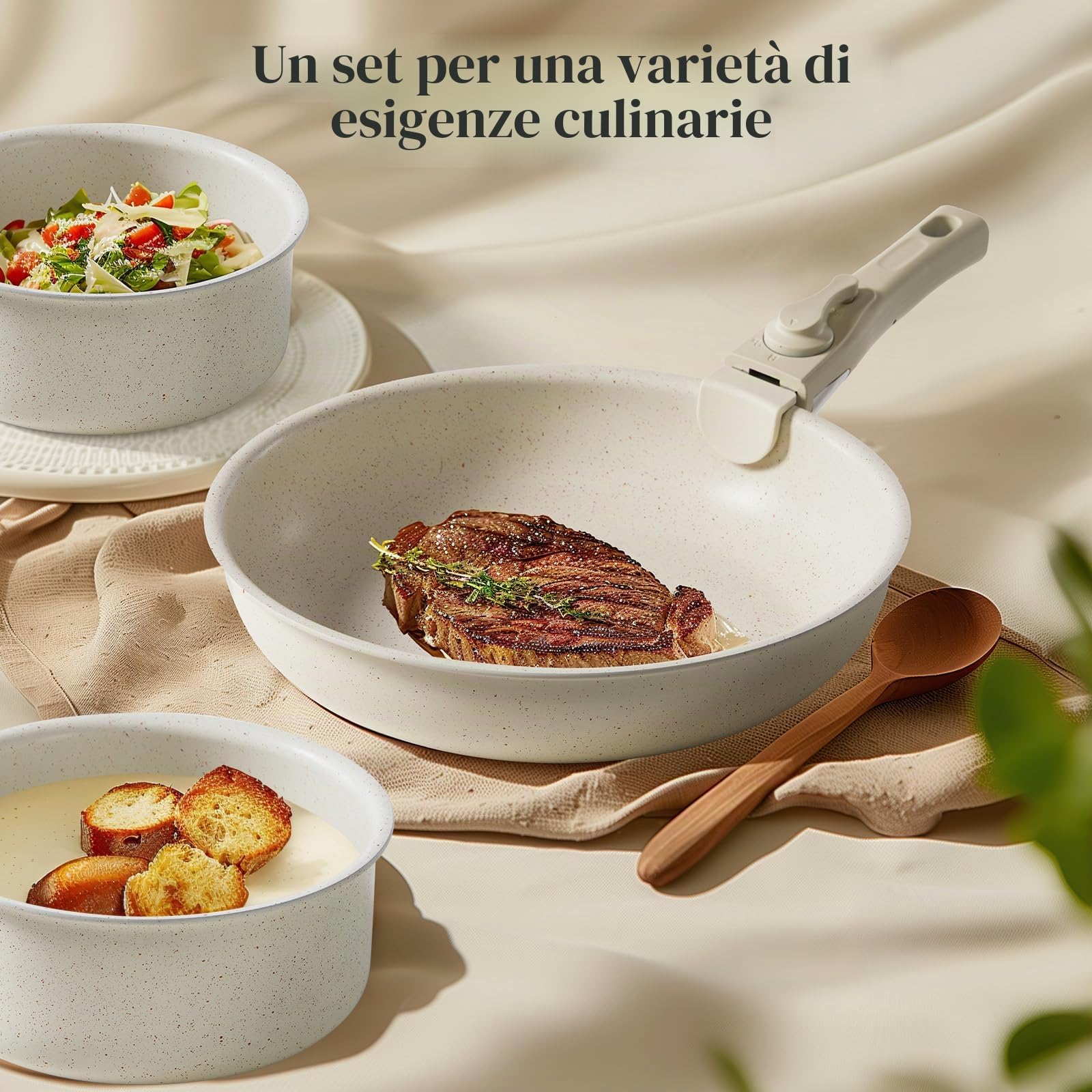 JHK Set di pentole e padelle, 12 pezzi, set di pentole antiaderenti con manico staccabile, utensili da cucina per le tue esigenze di cucina domestica, beige