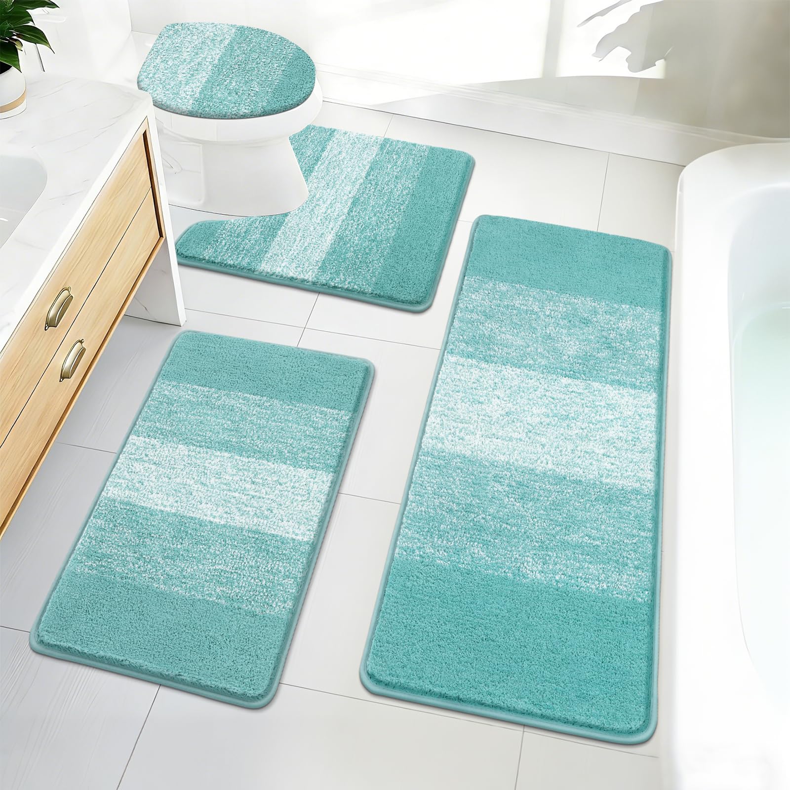 Bsmathom Badteppich-Set 4-teilig mit WC-Deckelbezug und Teppich-Set, saugfähige rutschfeste Badteppiche waschbar, weiches Hochflor-Badezimmermatten-Set mit U-förmigem Toilettenvorleger für Badezimmer,