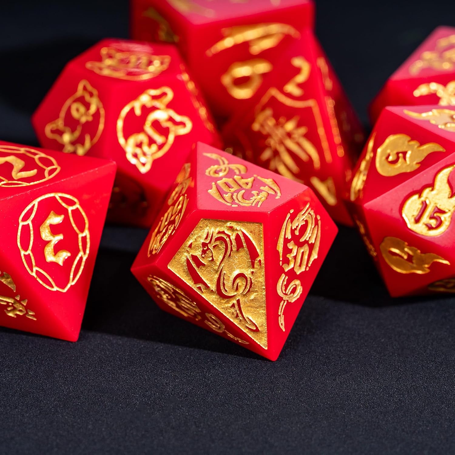 Cusdie 7-Piece Sharp Edges DND Dice Set with Dragon Pattern - Perfect for Tabletop RPGs Board Games Gifting and Collecting(Red with Gold Number)
