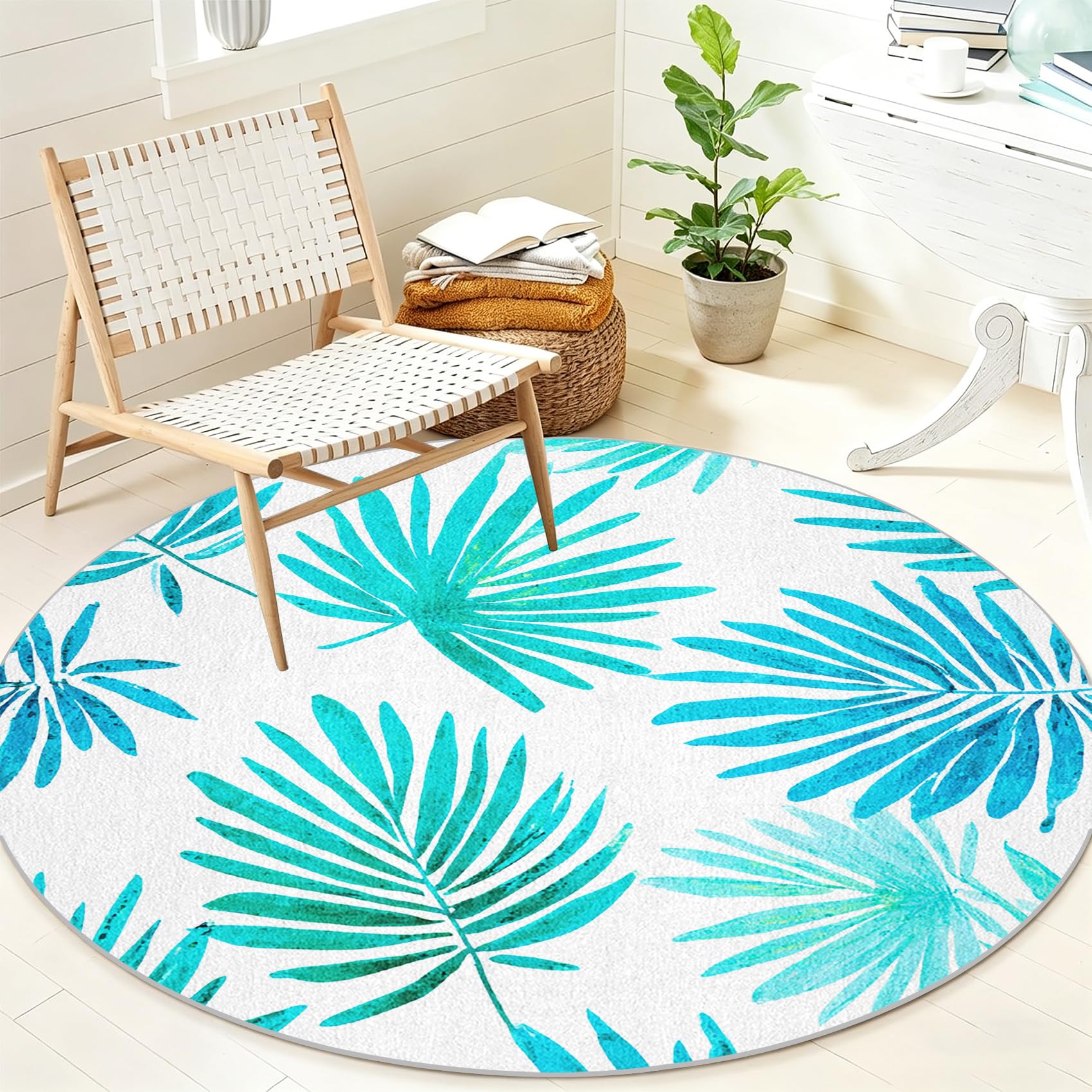 Tapis circulaire pour salon poil ras antidérapant motif palmier 200 cm